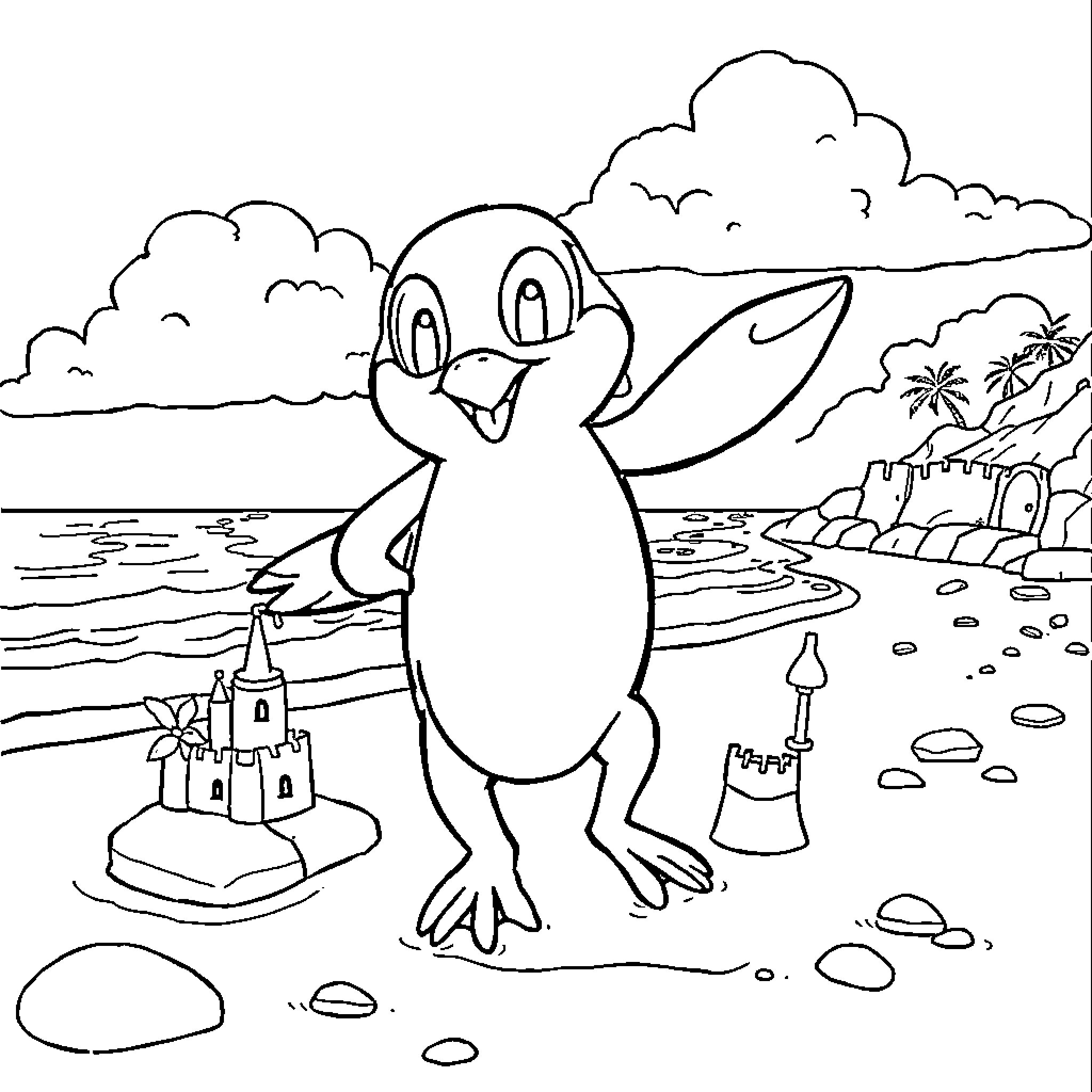 Pat Patrol Penguin Explores Beach and Castle Coloring Page (free black-and-white line drawing printable PDF for all, from beginners to advanced learners, including children, teens, adults, and seniors)