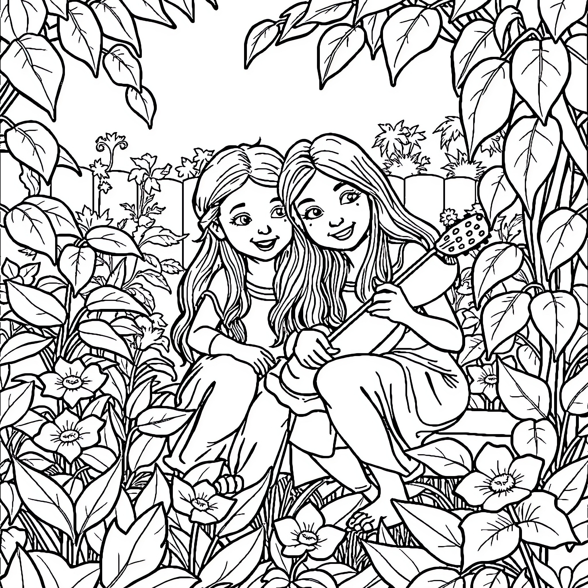 Mellizas playing together in lush garden Coloring Page (free black-and-white line drawing printable PDF for all, from beginners to advanced learners, including children, teens, adults, and seniors)