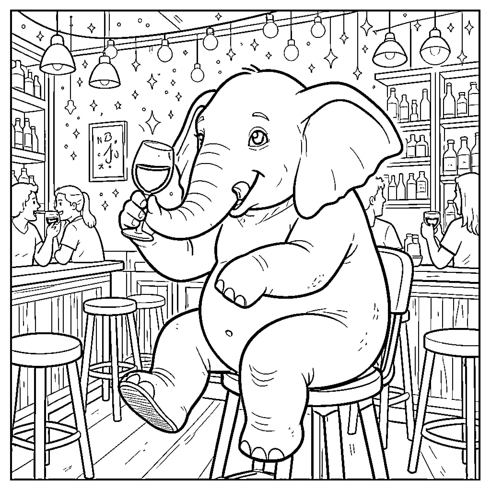 Elephant enjoying a glass of wine at the bar Coloring Page (free black-and-white line drawing printable PDF for all, from beginners to advanced learners, including children, teens, adults, and seniors)