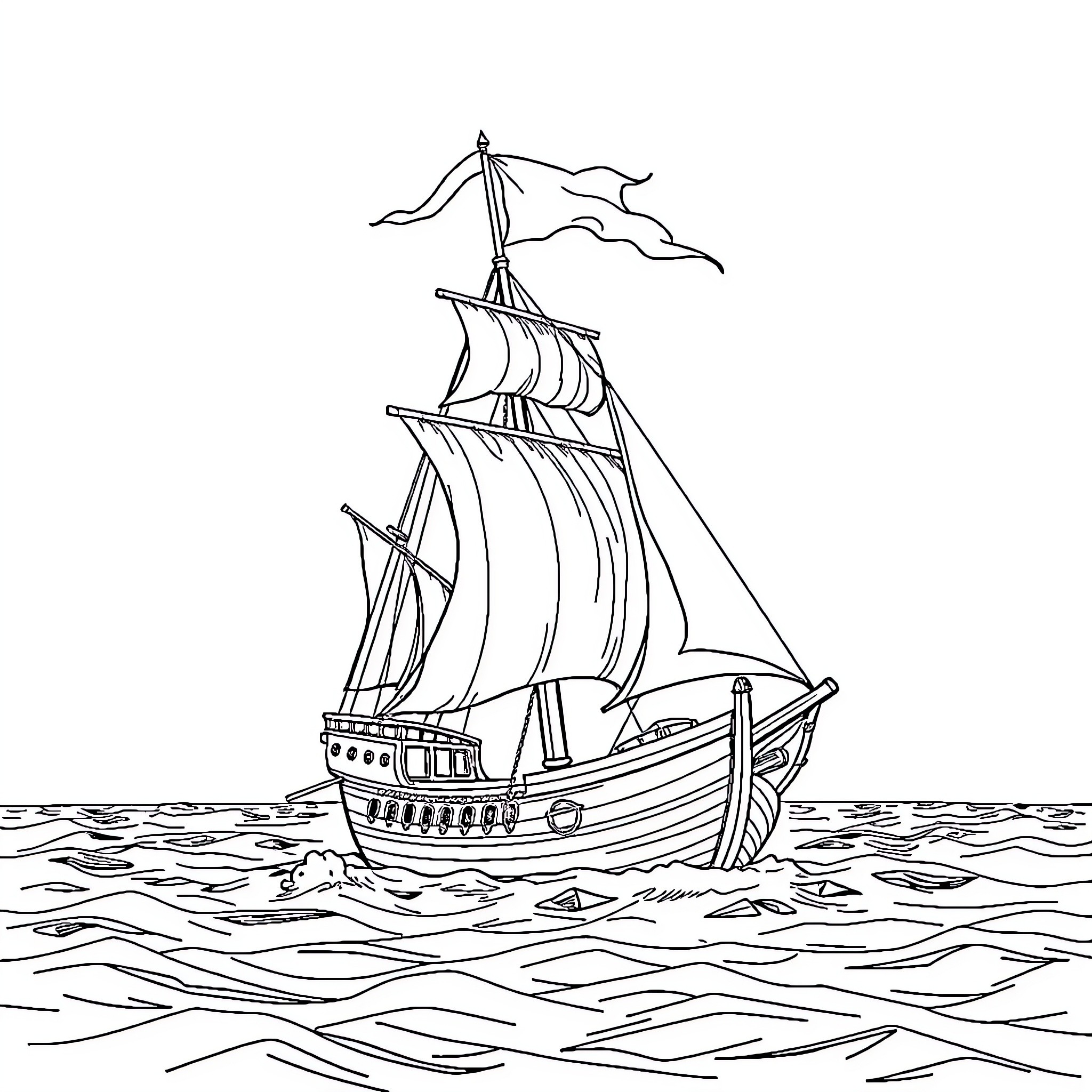 Pirate Ship Sailing Across Rough Seas Coloring Page (free black-and-white line drawing printable PDF for all, from beginners to advanced learners, including children, teens, adults, and seniors)