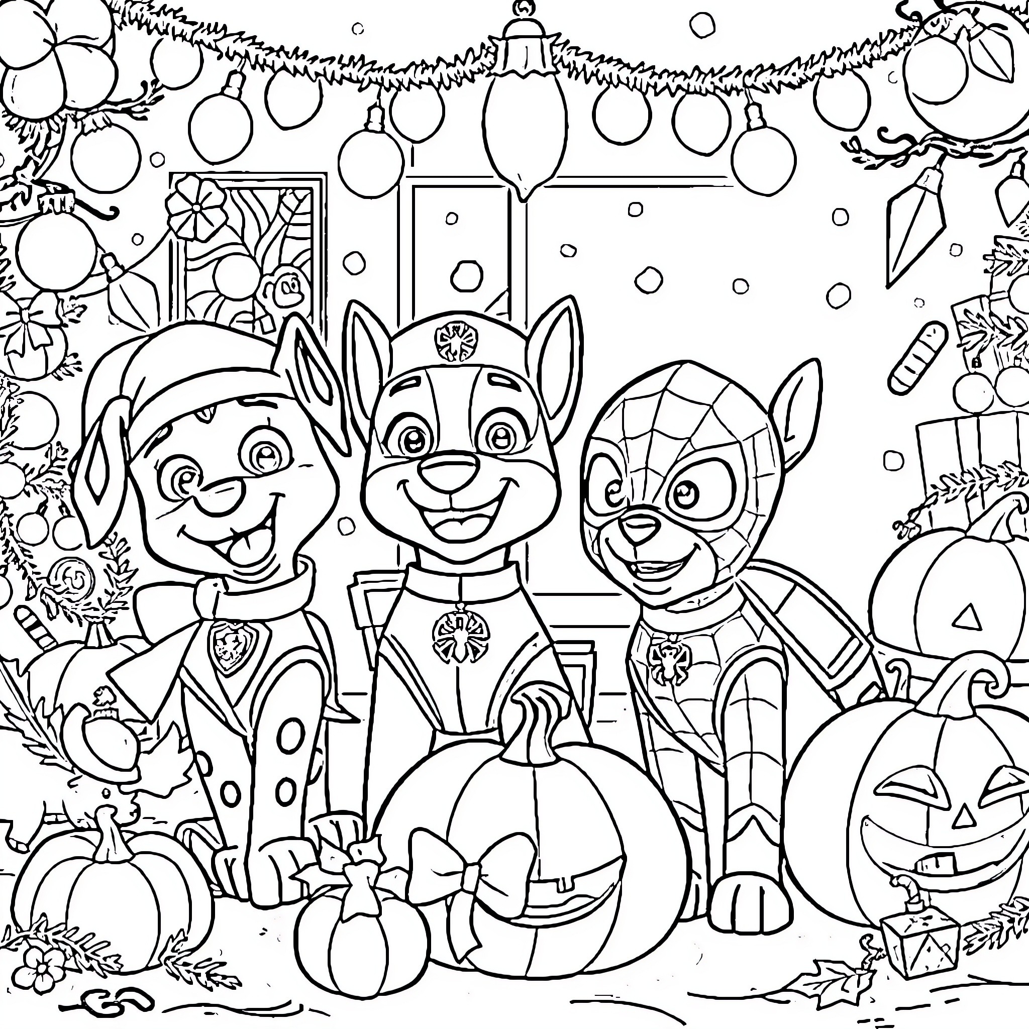 Paw Patrol characters in Halloween costumes Coloring Page (free black-and-white line drawing printable PDF for all, from beginners to advanced learners, including children, teens, adults, and seniors)