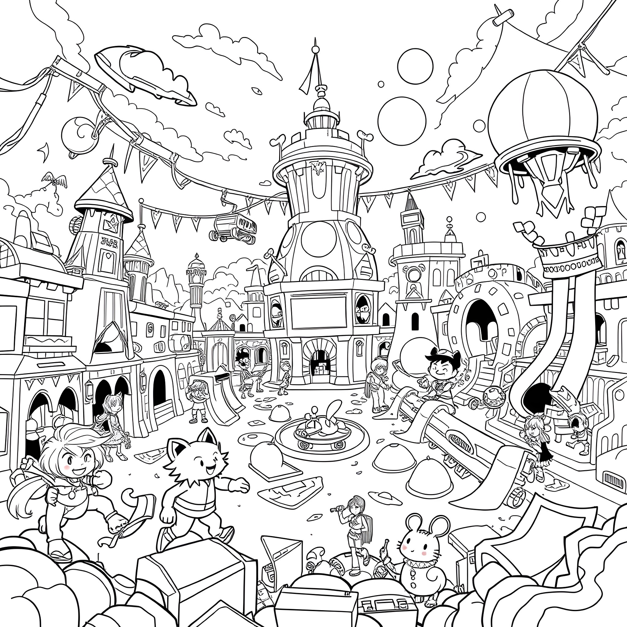 Splatoon Festive Celebration in Colorful Metropolis Coloring Page (free black-and-white line drawing printable PDF for all, from beginners to advanced learners, including children, teens, adults, and seniors)