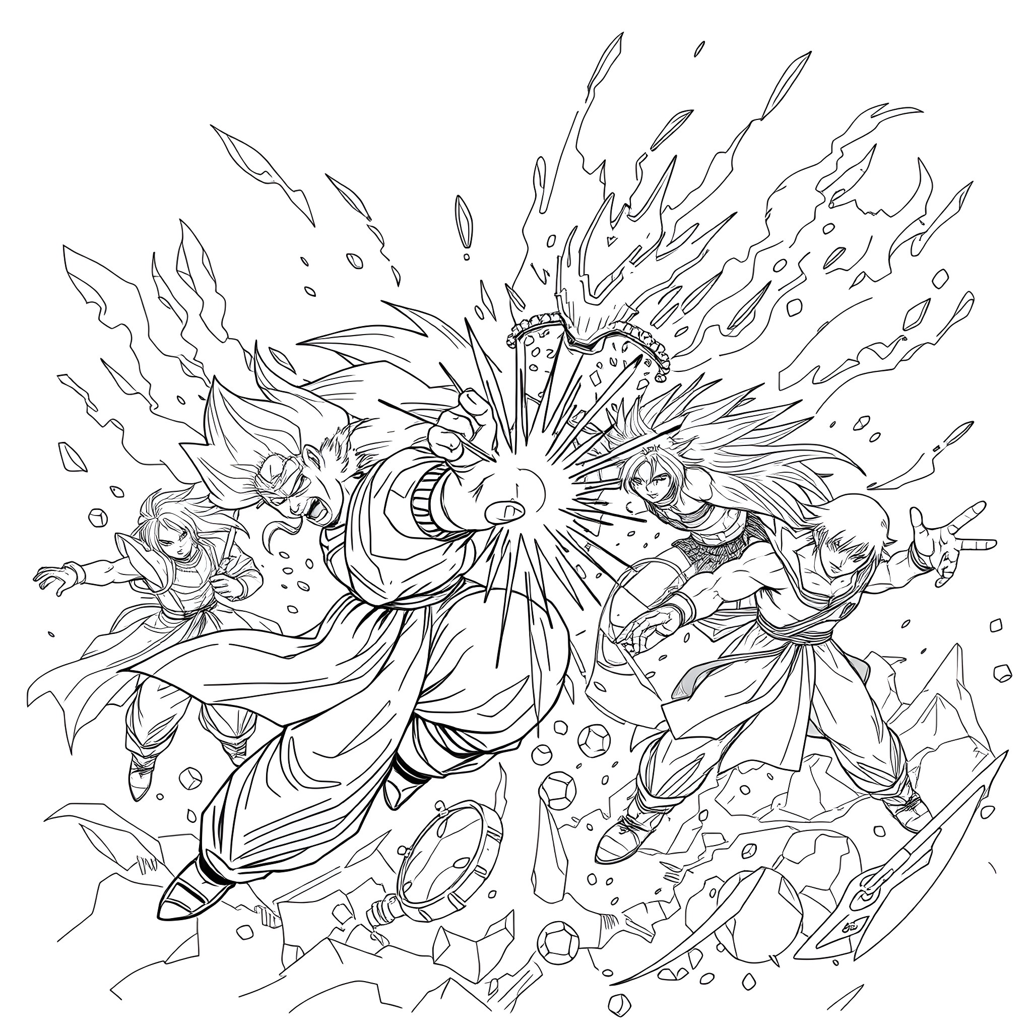 Dragonball Z: Explosive Clash of Powerful Warriors Coloring Page (free black-and-white line drawing printable PDF for all, from beginners to advanced learners, including children, teens, adults, and seniors)