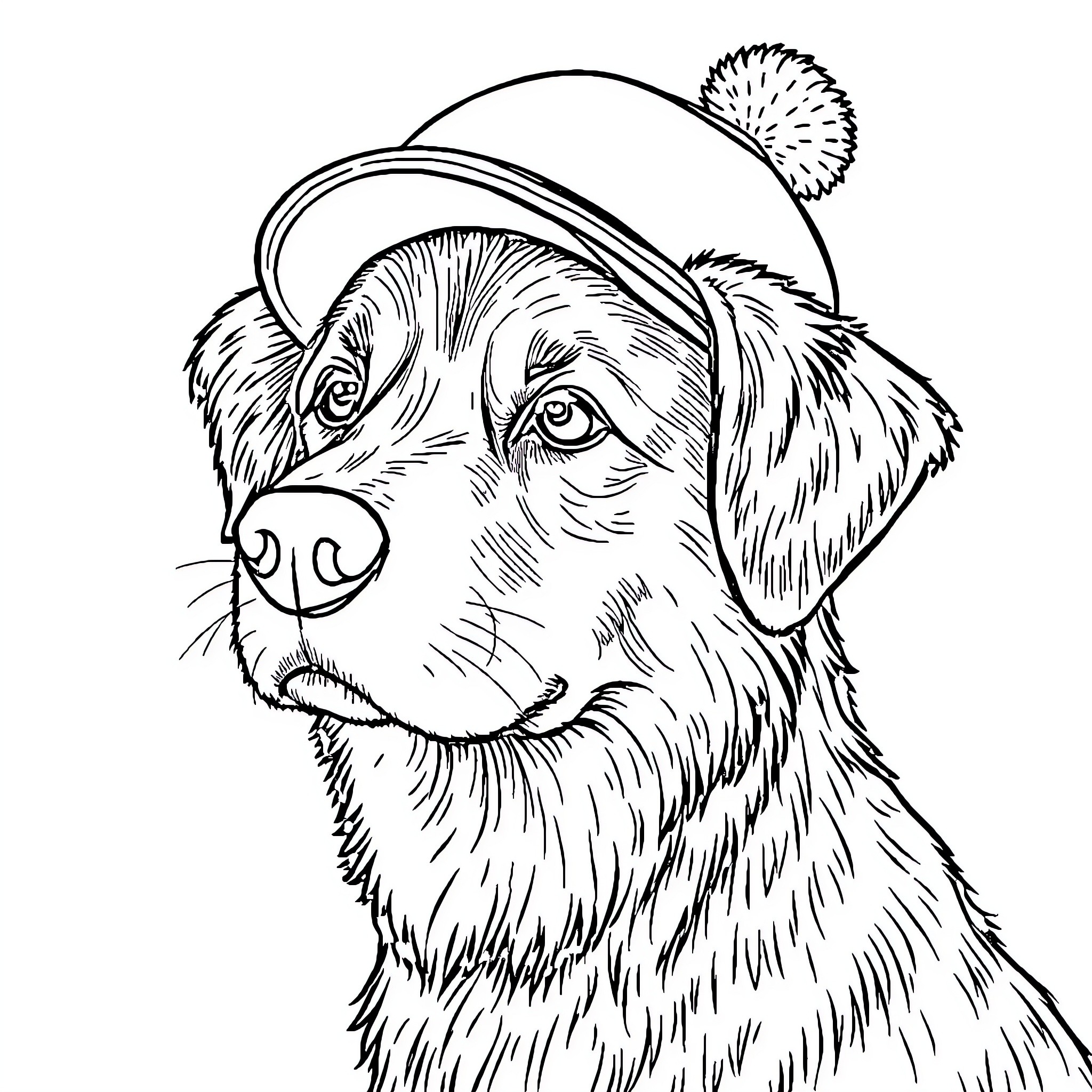 Dog wearing winter hat and scarf Coloring Page (free black-and-white line drawing printable PDF for all, from beginners to advanced learners, including children, teens, adults, and seniors)