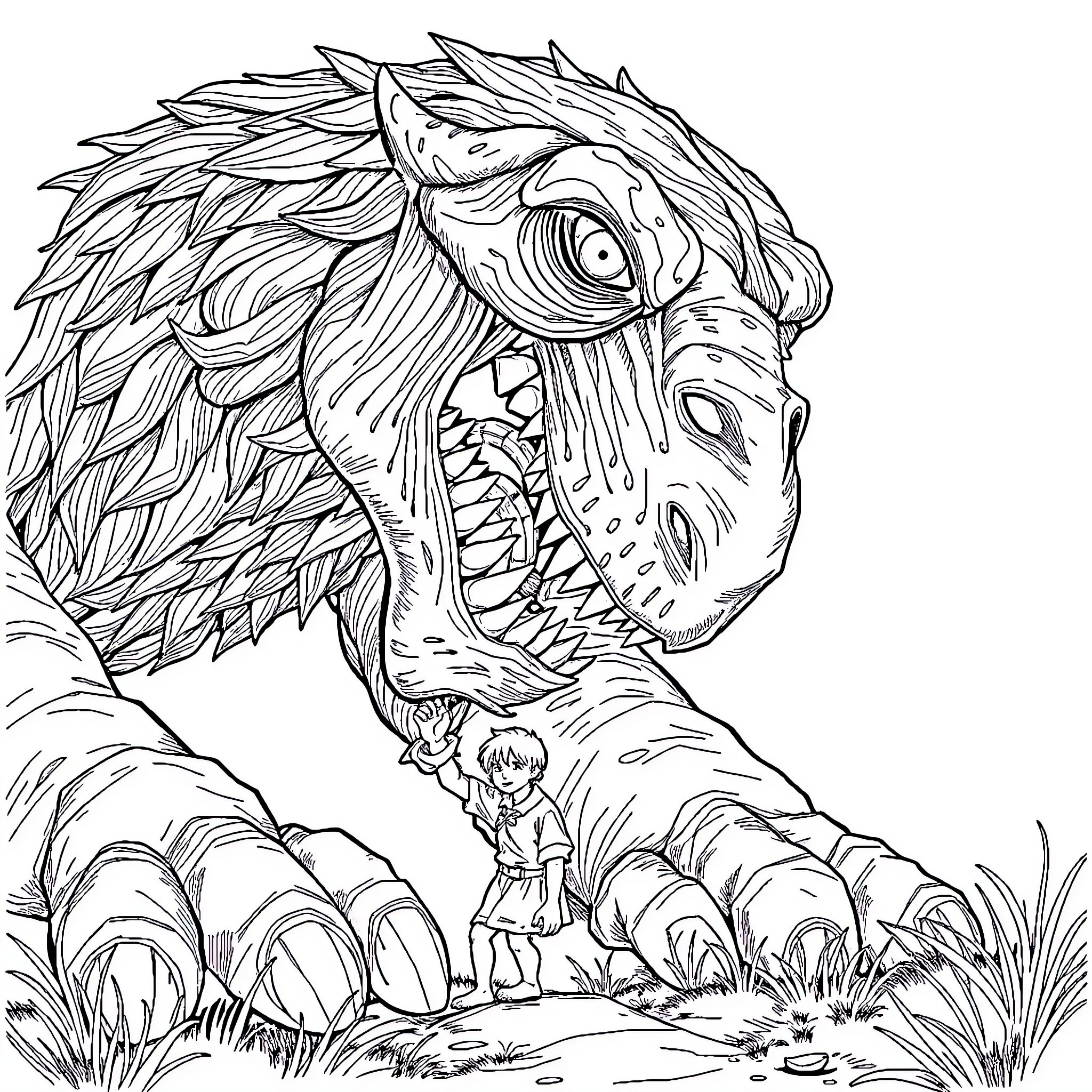 Giantess creature and tiny human in wilderness Coloring Page (free black-and-white line drawing printable PDF for all, from beginners to advanced learners, including children, teens, adults, and seniors)