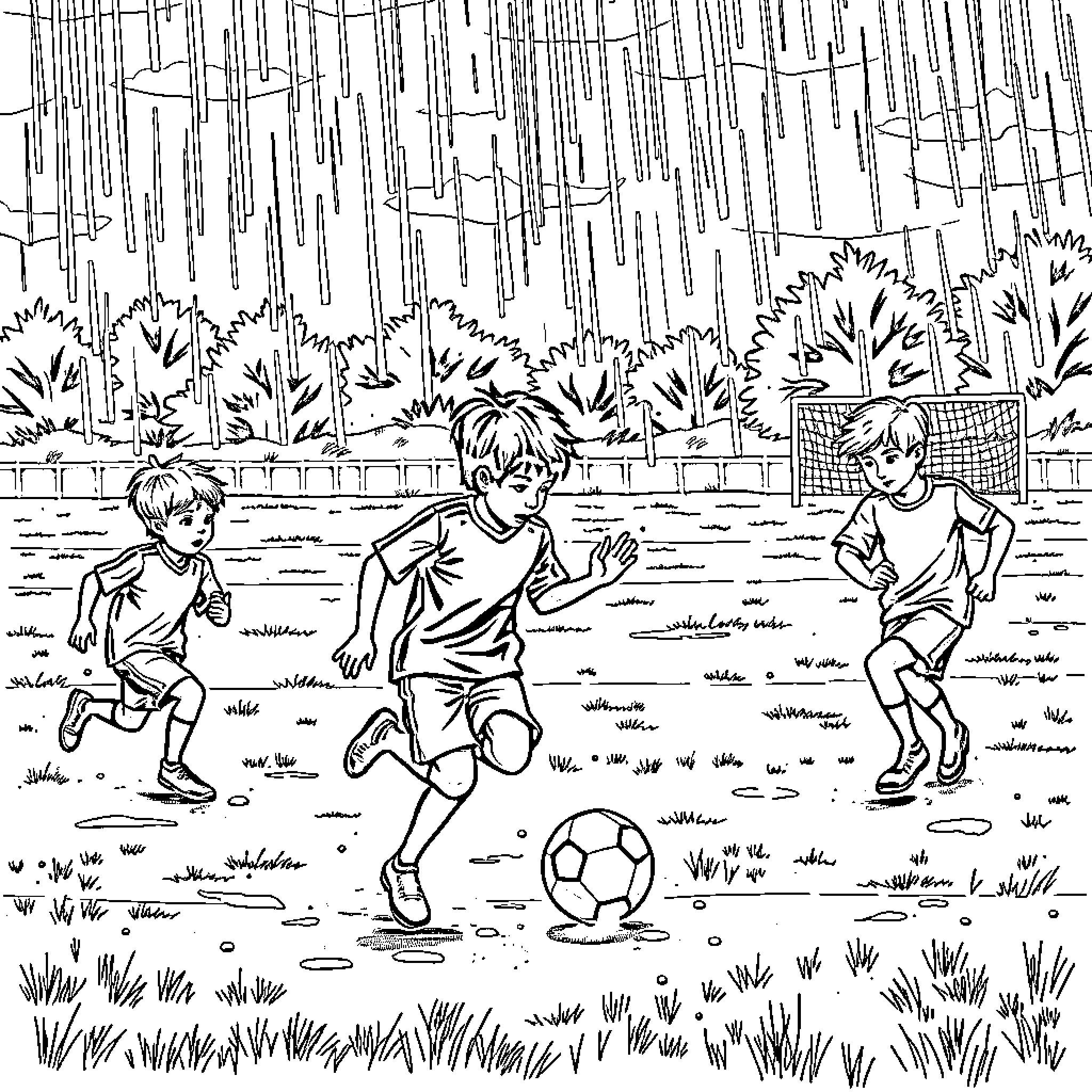 Poop playing soccer in the rain with friends Coloring Page (free black-and-white line drawing printable PDF for all, from beginners to advanced learners, including children, teens, adults, and seniors)