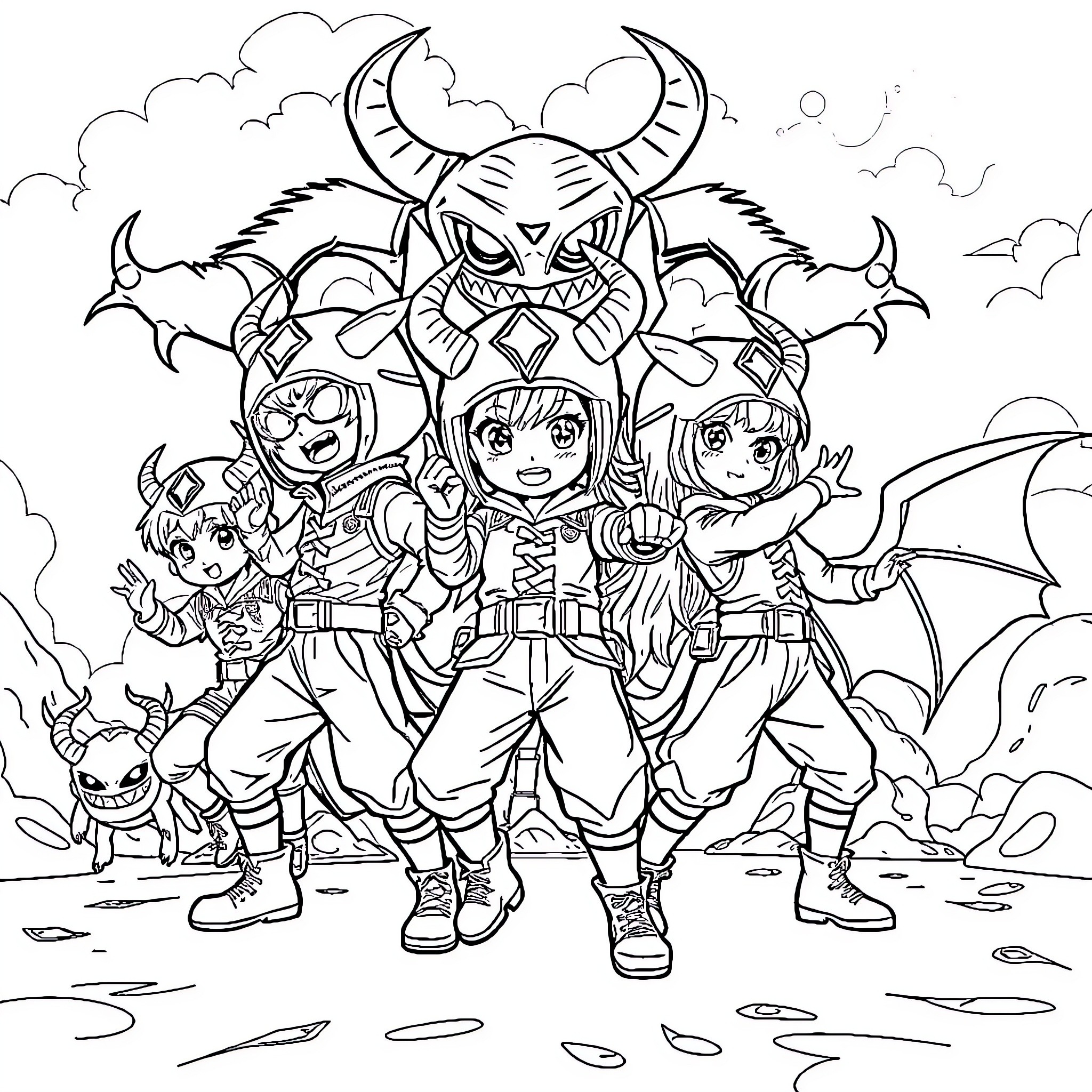 Saja's Adventurous Allies in a Fantastical Scene Coloring Page (free black-and-white line drawing printable PDF for all, from beginners to advanced learners, including children, teens, adults, and seniors)