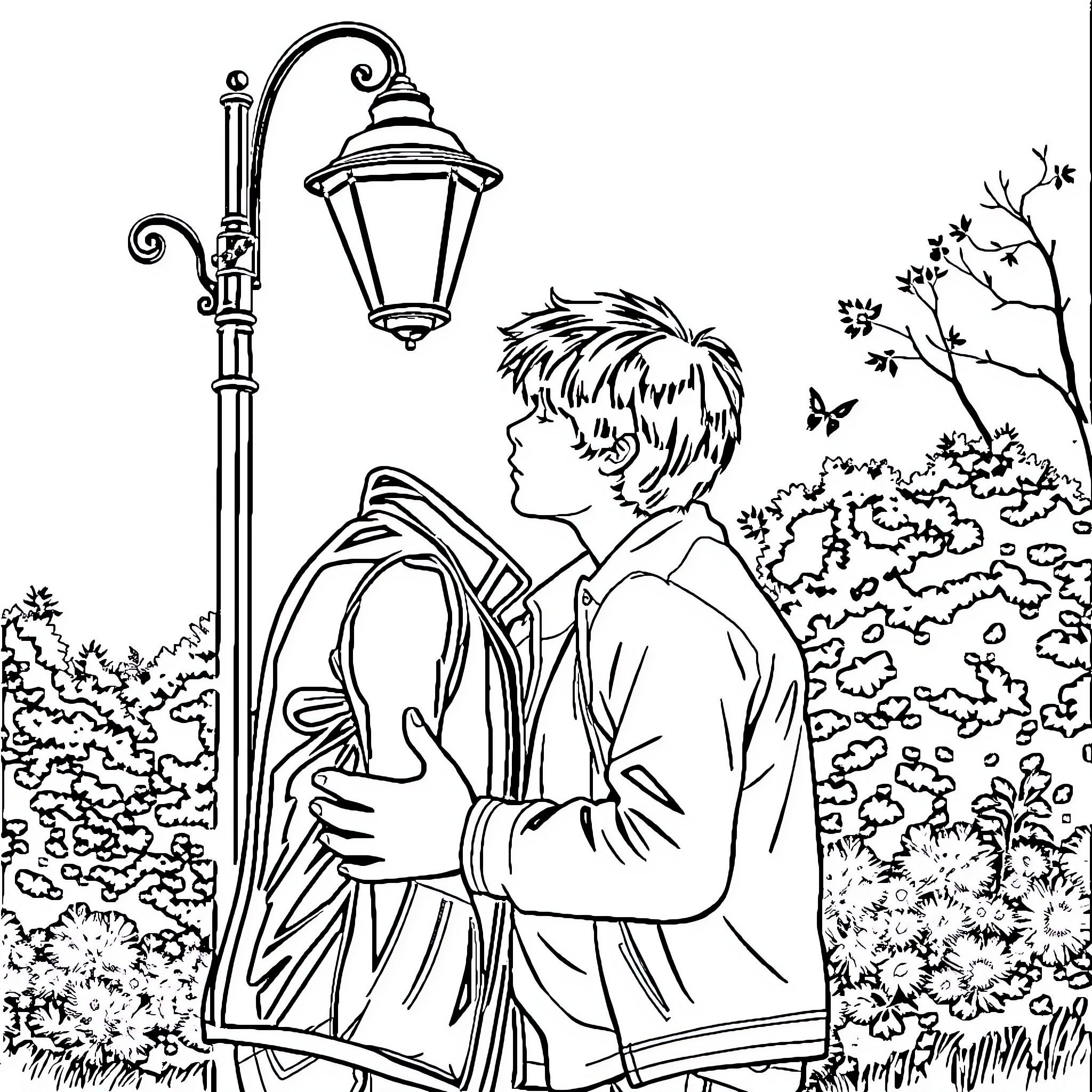 Will Byers stands solemnly under the streetlamp Coloring Page (free black-and-white line drawing printable PDF for all, from beginners to advanced learners, including children, teens, adults, and seniors)