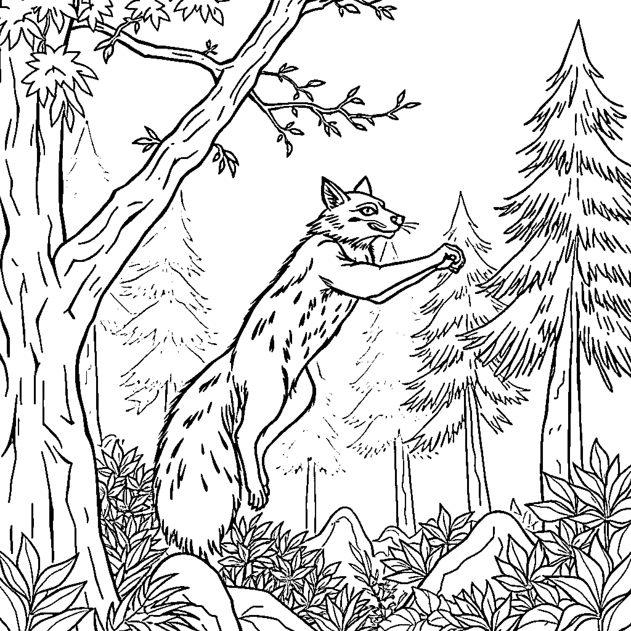 Fox Exploring the Enchanted Forest Coloring Page (free black-and-white line drawing printable PDF for all, from beginners to advanced learners, including children, teens, adults, and seniors)
