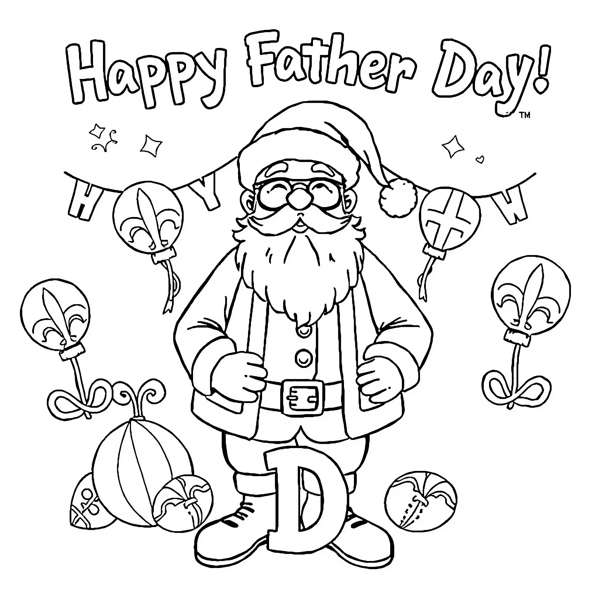 Grandfather Father's Day Celebration with Festive Decorations Coloring Page (free black-and-white line drawing printable PDF for all, from beginners to advanced learners, including children, teens, adults, and seniors)