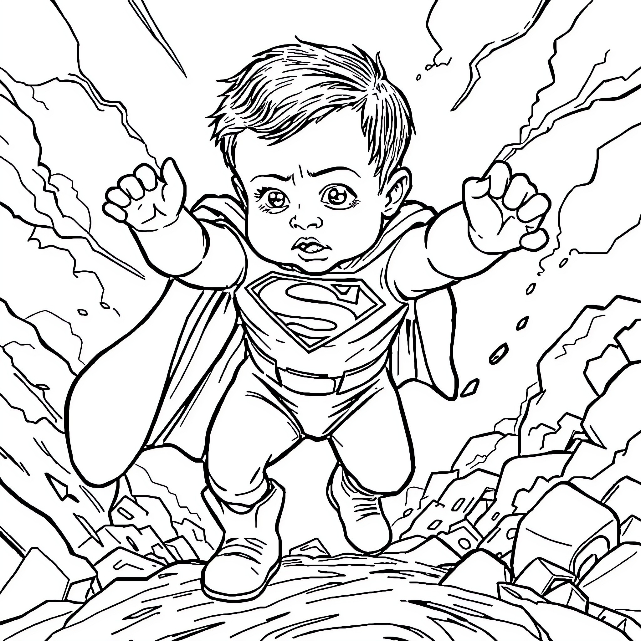 Baby superhero in action with lightning Coloring Page (free black-and-white line drawing printable PDF for all, from beginners to advanced learners, including children, teens, adults, and seniors)
