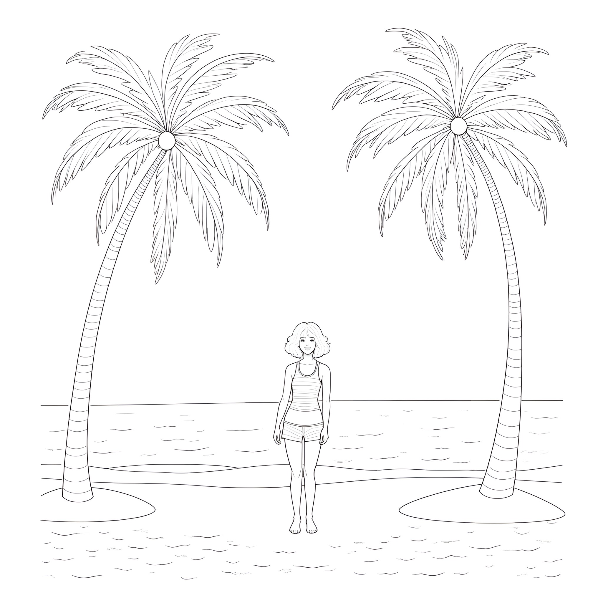 Girl enjoying the tropical scenery by the beach Coloring Page (free black-and-white line drawing printable PDF for all, from beginners to advanced learners, including children, teens, adults, and seniors)