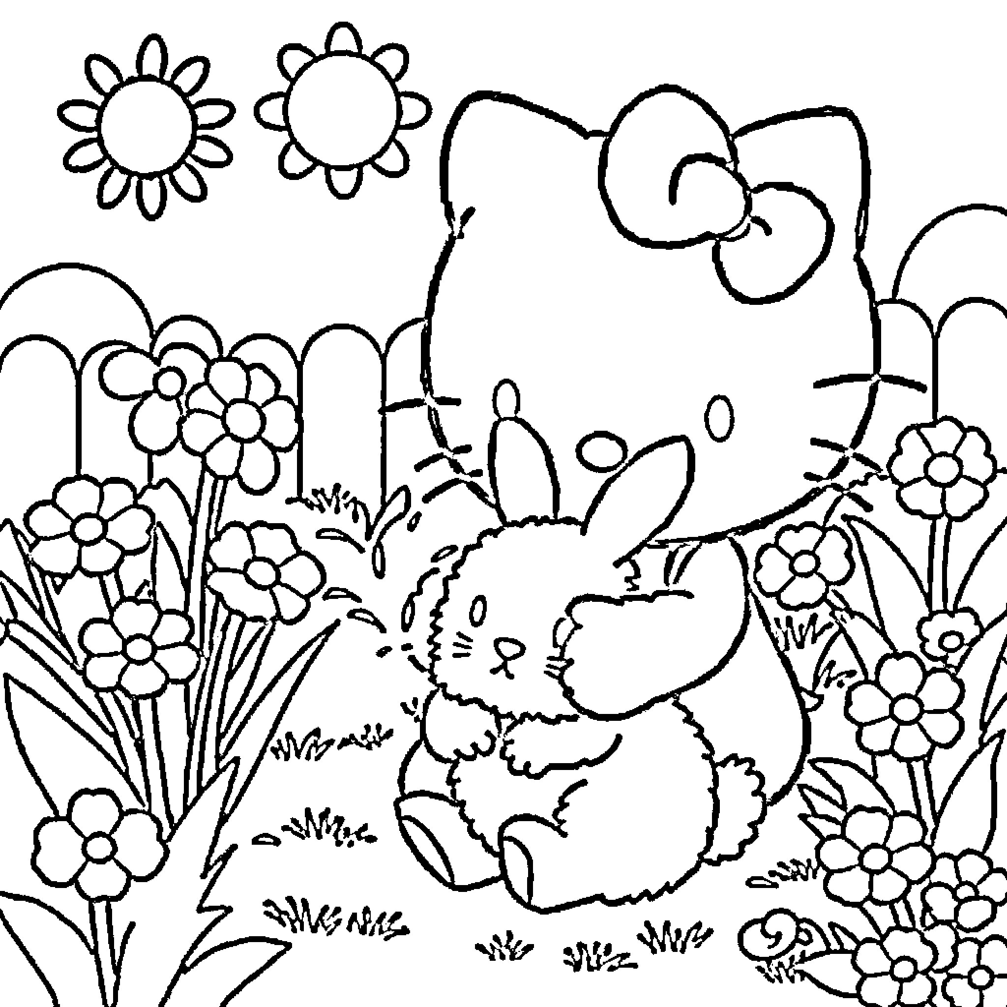 Hello Kitty playing in a floral garden Coloring Page (free black-and-white line drawing printable PDF for all, from beginners to advanced learners, including children, teens, adults, and seniors)