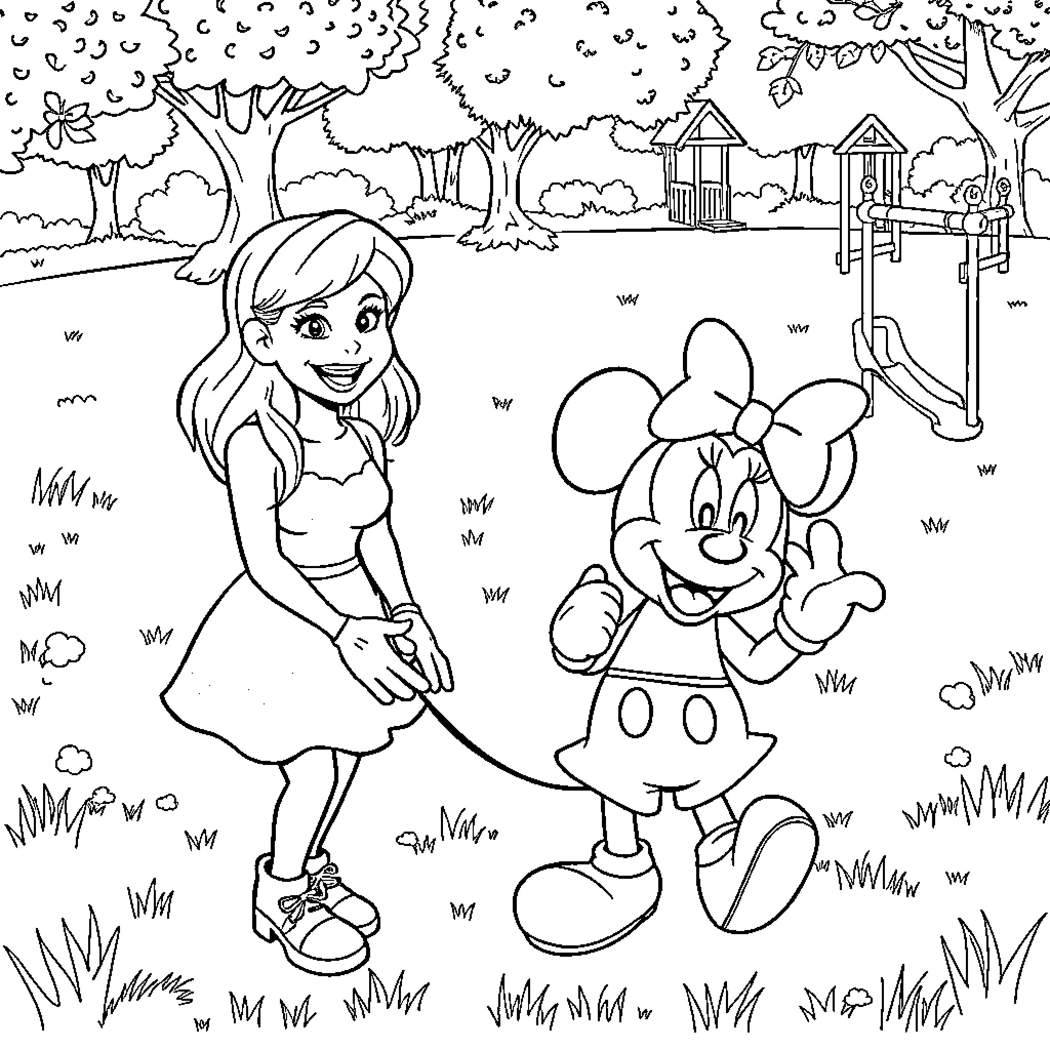 Rachel's Fun Day with Minnie Mouse at the Park Coloring Page (free black-and-white line drawing printable PDF for all, from beginners to advanced learners, including children, teens, adults, and seniors)