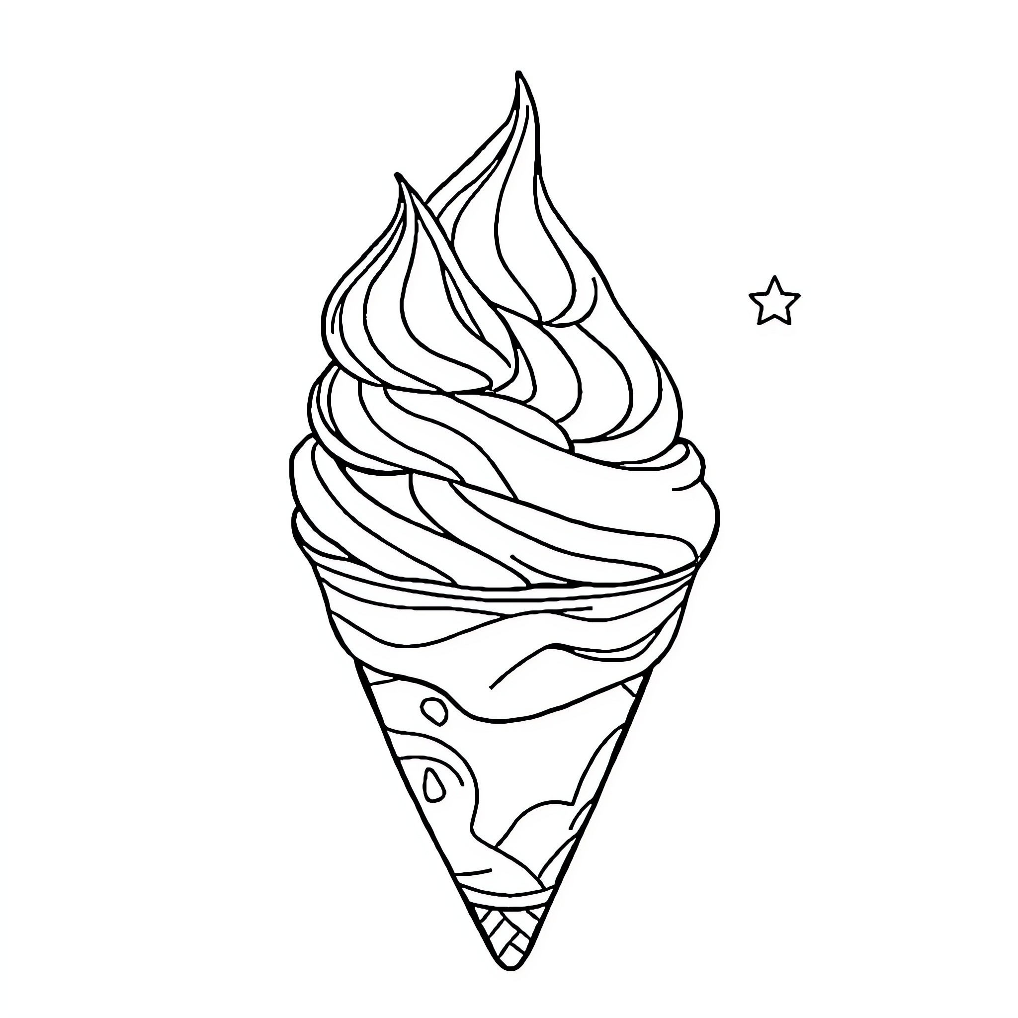 Ice Cream Swirls and Star in Cone Coloring Page (free black-and-white line drawing printable PDF for all, from beginners to advanced learners, including children, teens, adults, and seniors)
