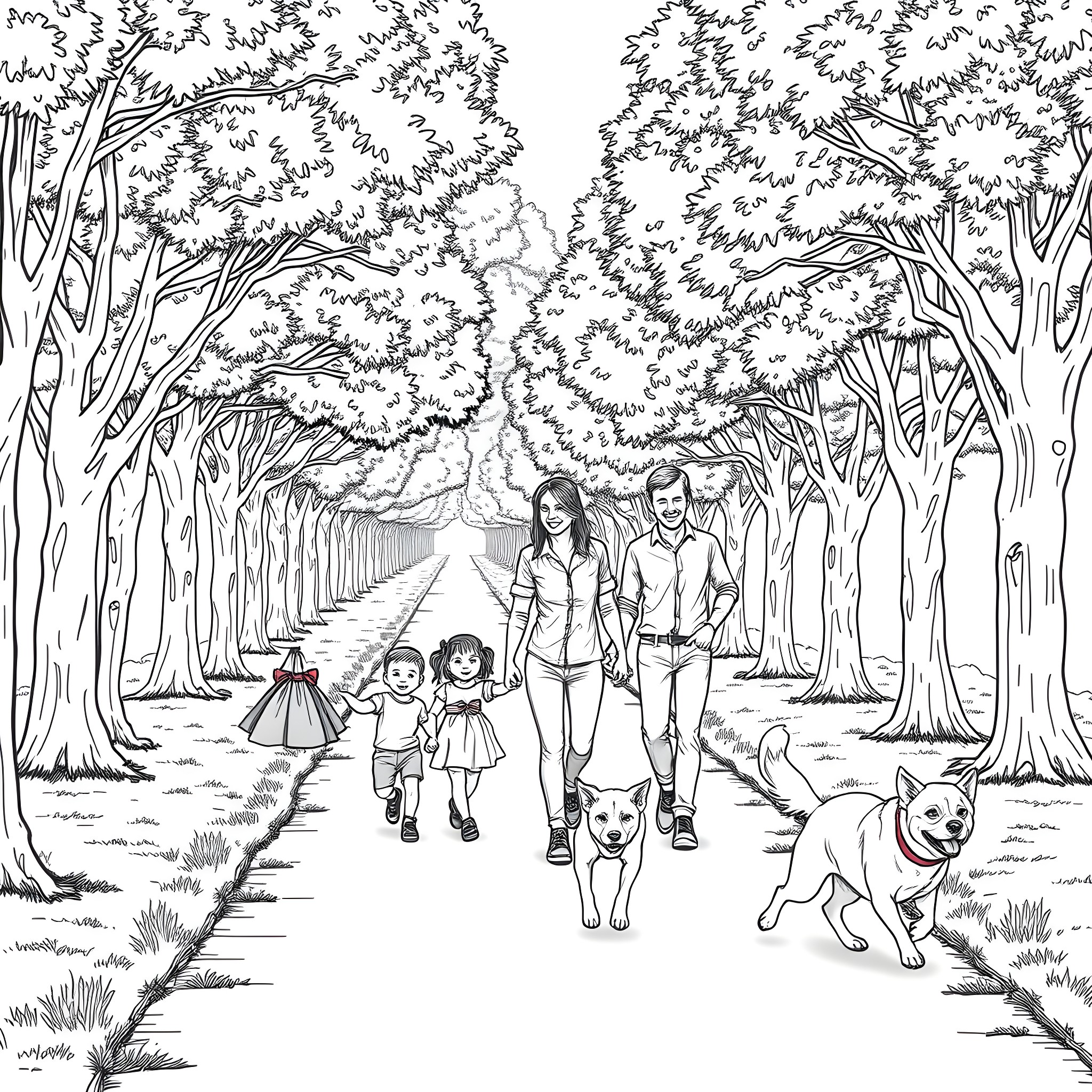 Child walking with family in forest Coloring Page (free black-and-white line drawing printable PDF for all, from beginners to advanced learners, including children, teens, adults, and seniors)