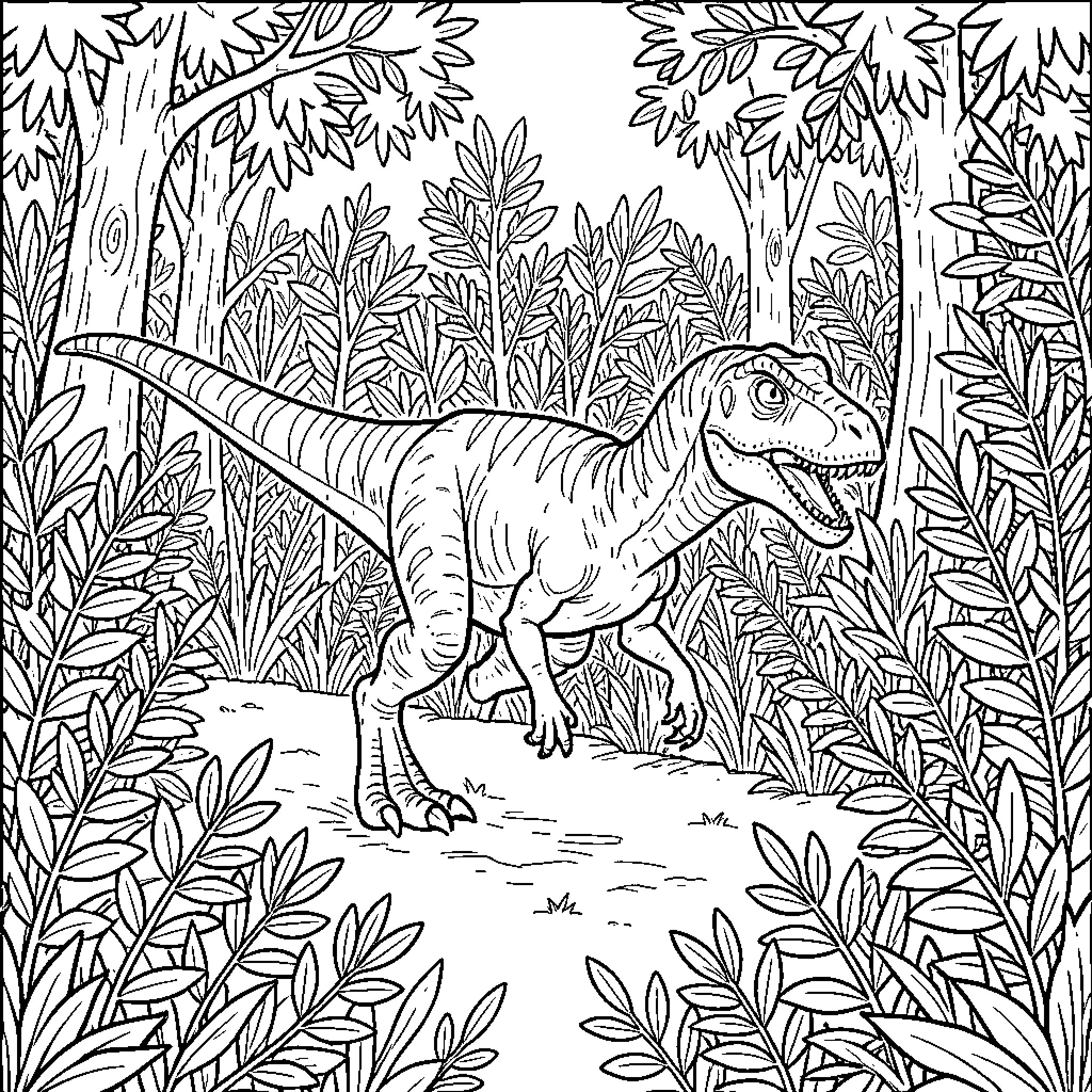 Velociraptor Exploring the Lush Prehistoric Landscape Coloring Page (free black-and-white line drawing printable PDF for all, from beginners to advanced learners, including children, teens, adults, and seniors)