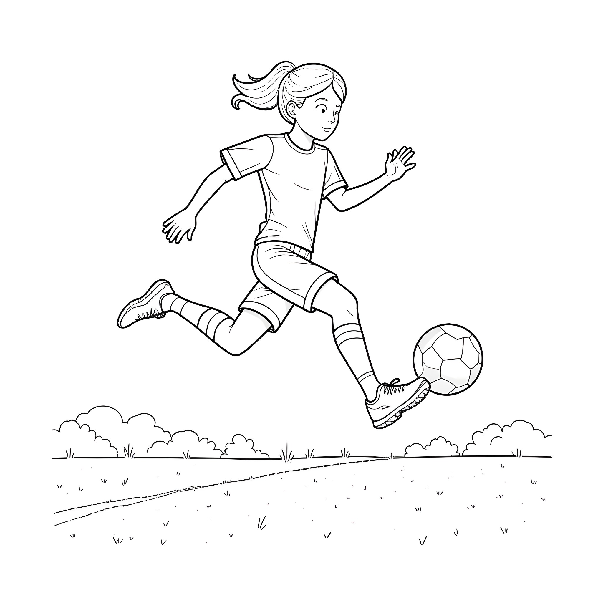 Soccer Player Dribbling the Ball on the Field Coloring Page (free black-and-white line drawing printable PDF for all, from beginners to advanced learners, including children, teens, adults, and seniors)
