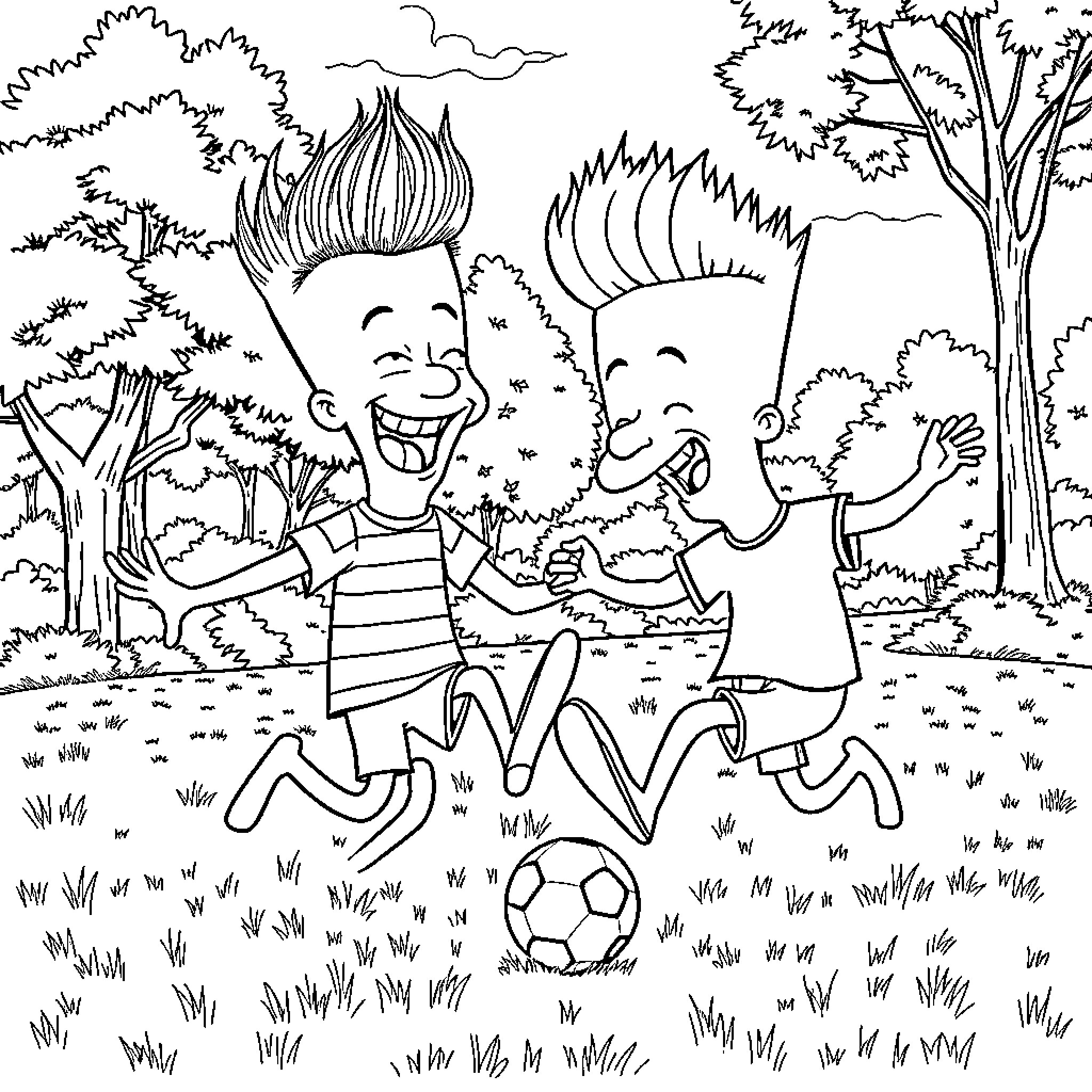 Beavis and Butt-Head playing soccer in the park Coloring Page (free black-and-white line drawing printable PDF for all, from beginners to advanced learners, including children, teens, adults, and seniors)