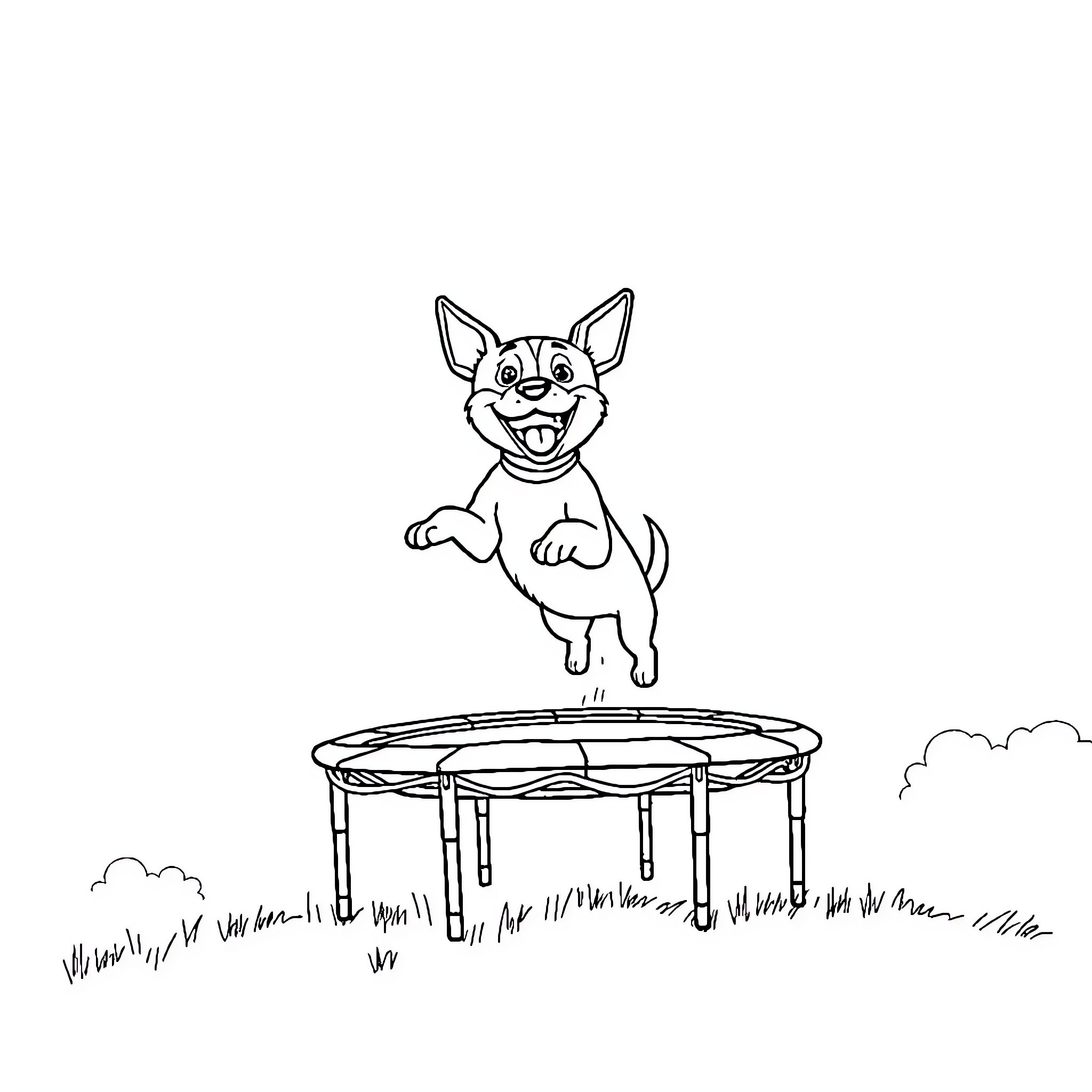 Dog jumping happily on trampoline Coloring Page (free black-and-white line drawing printable PDF for all, from beginners to advanced learners, including children, teens, adults, and seniors)