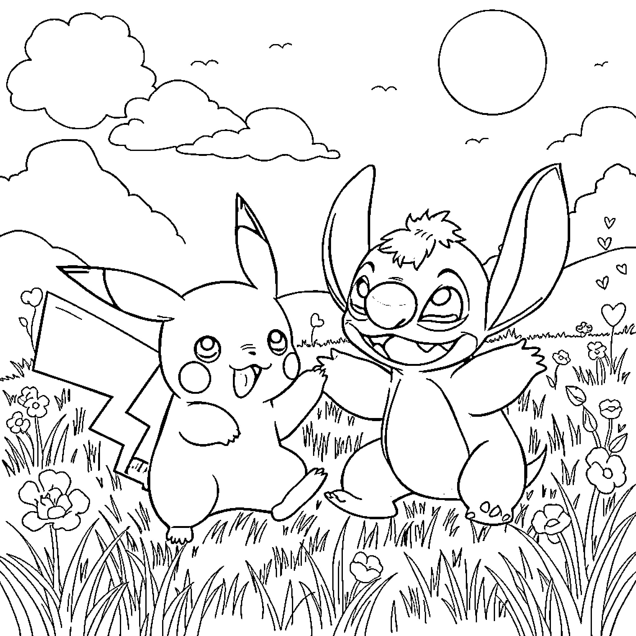 Pikachu and Stitch playing happily in a field Coloring Page (free black-and-white line drawing printable PDF for all, from beginners to advanced learners, including children, teens, adults, and seniors)