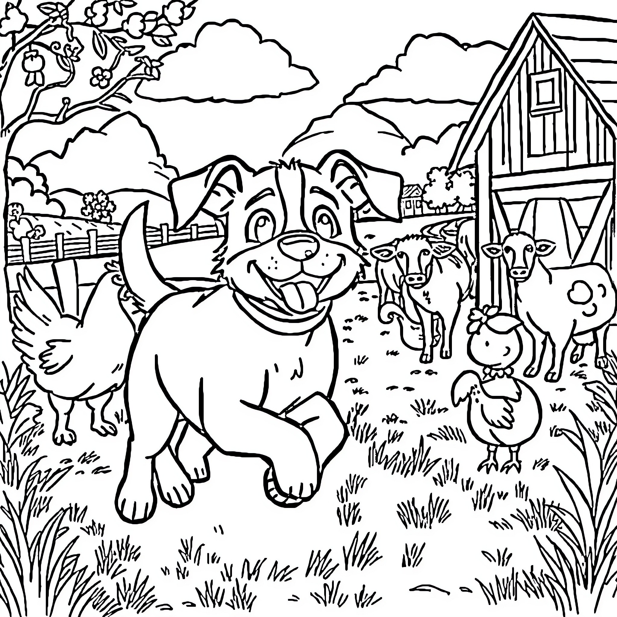 Dog playing happily on a farm with friends Coloring Page (free black-and-white line drawing printable PDF for all, from beginners to advanced learners, including children, teens, adults, and seniors)