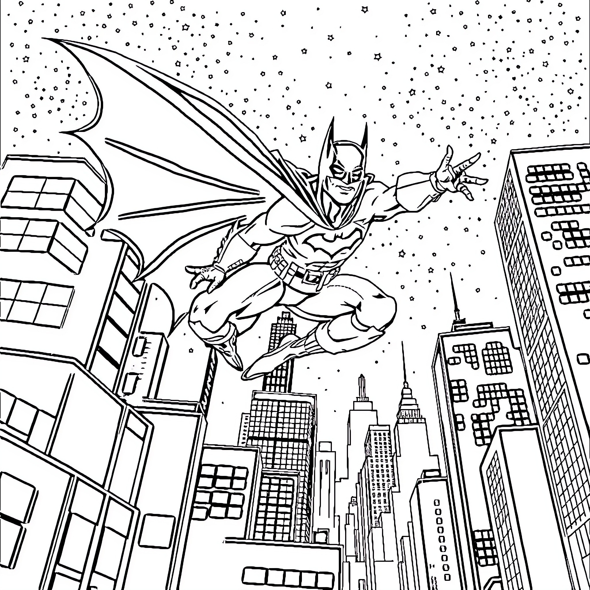 Batman soaring through the snowy night sky Coloring Page (free black-and-white line drawing printable PDF for all, from beginners to advanced learners, including children, teens, adults, and seniors)