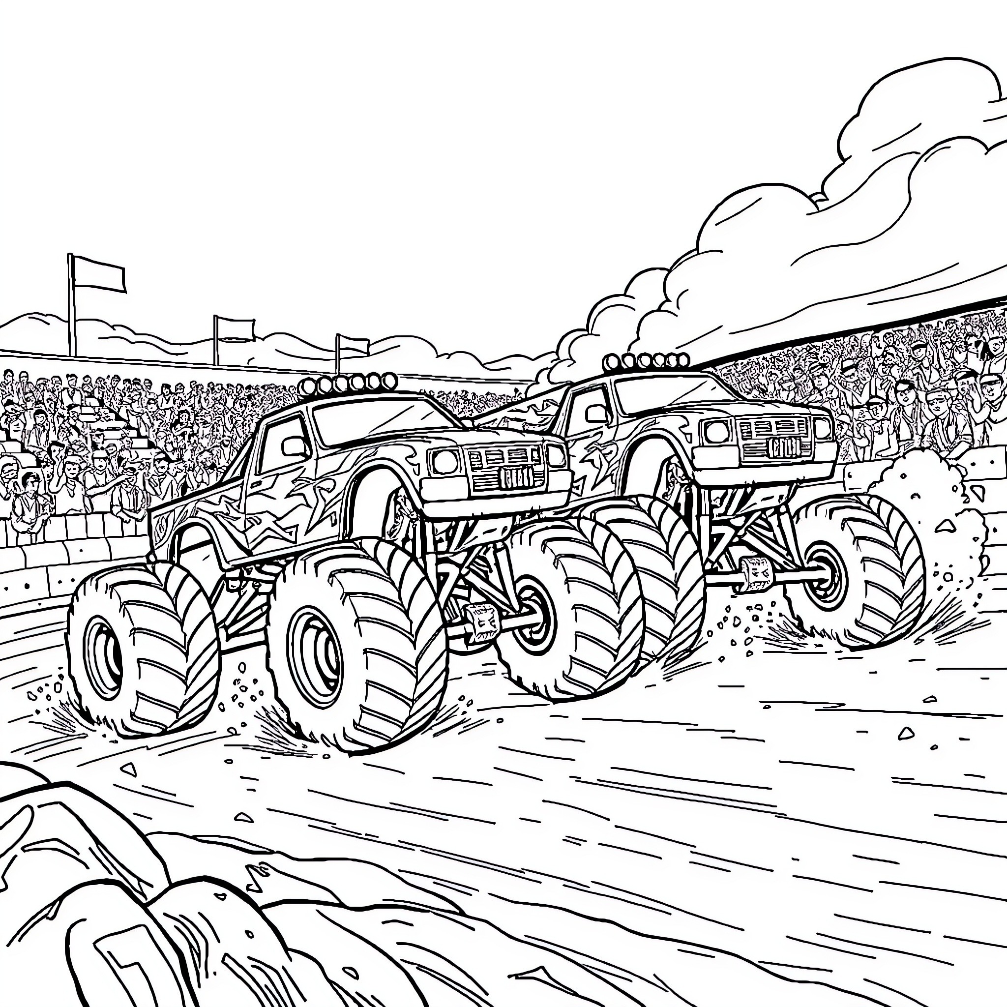 Monster Truck Performing Extreme Stunts at Stadium Coloring Page (free black-and-white line drawing printable PDF for all, from beginners to advanced learners, including children, teens, adults, and seniors)