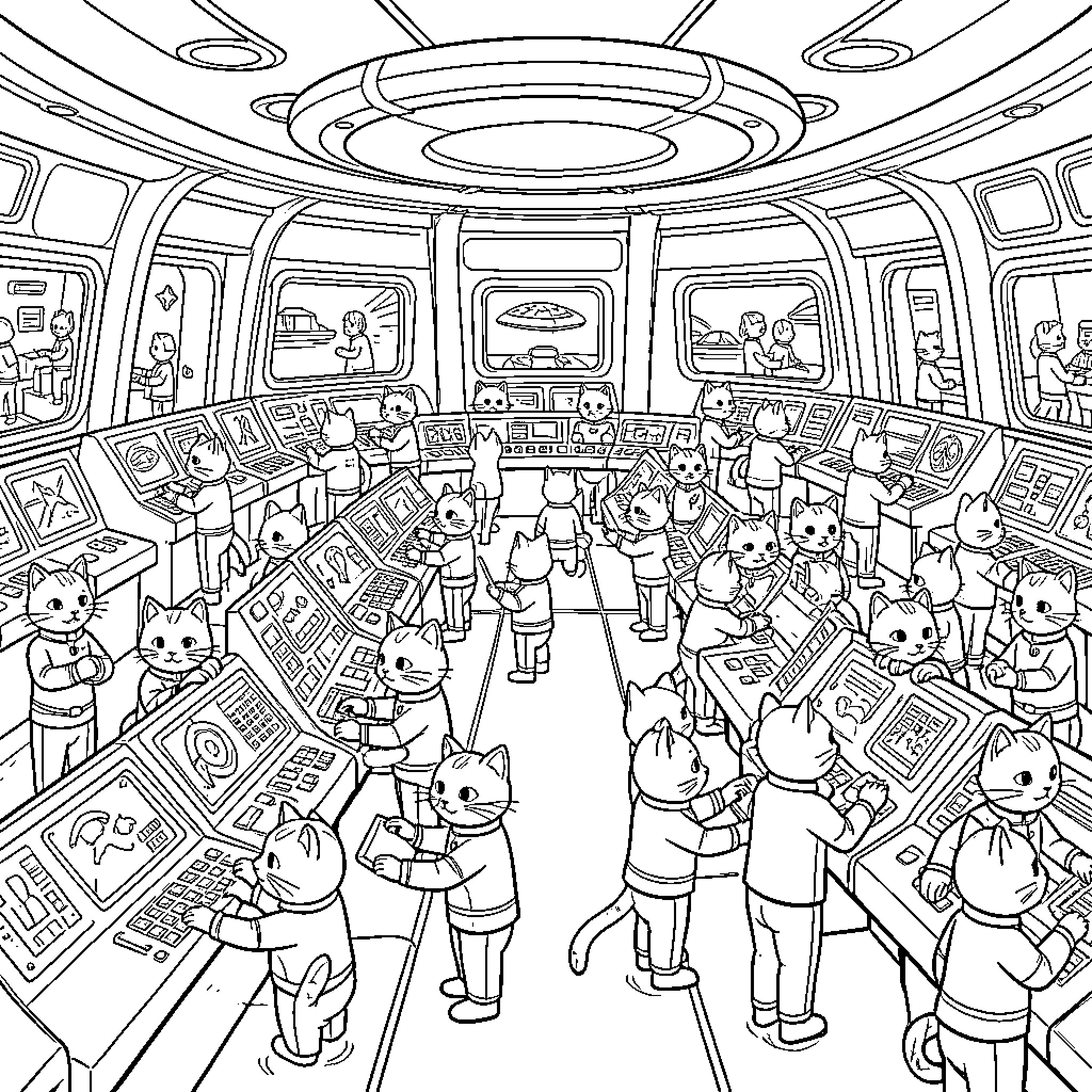 Cat Crew in the Futuristic Control Room Coloring Page (free black-and-white line drawing printable PDF for all, from beginners to advanced learners, including children, teens, adults, and seniors)