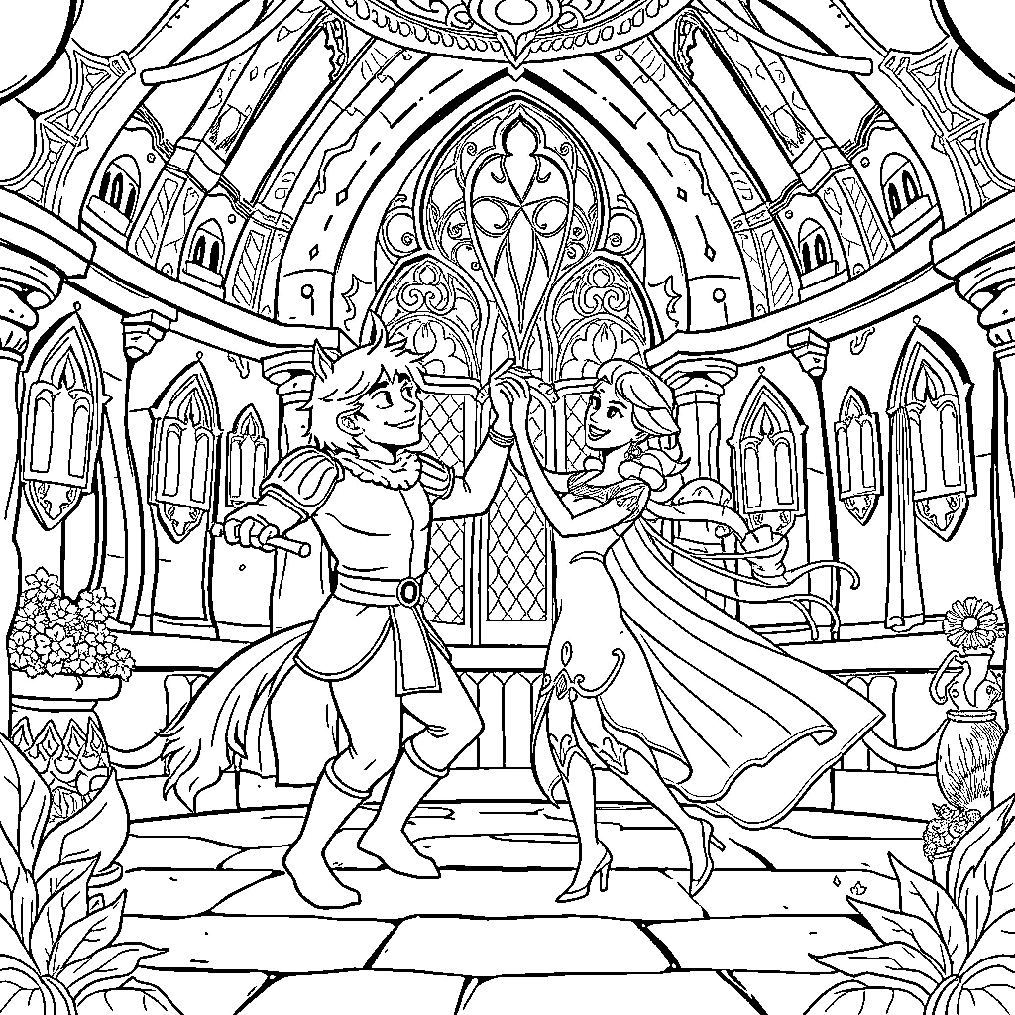 Boys Dancing in an Ornate Ballroom Coloring Page (free black-and-white line drawing printable PDF for all, from beginners to advanced learners, including children, teens, adults, and seniors)