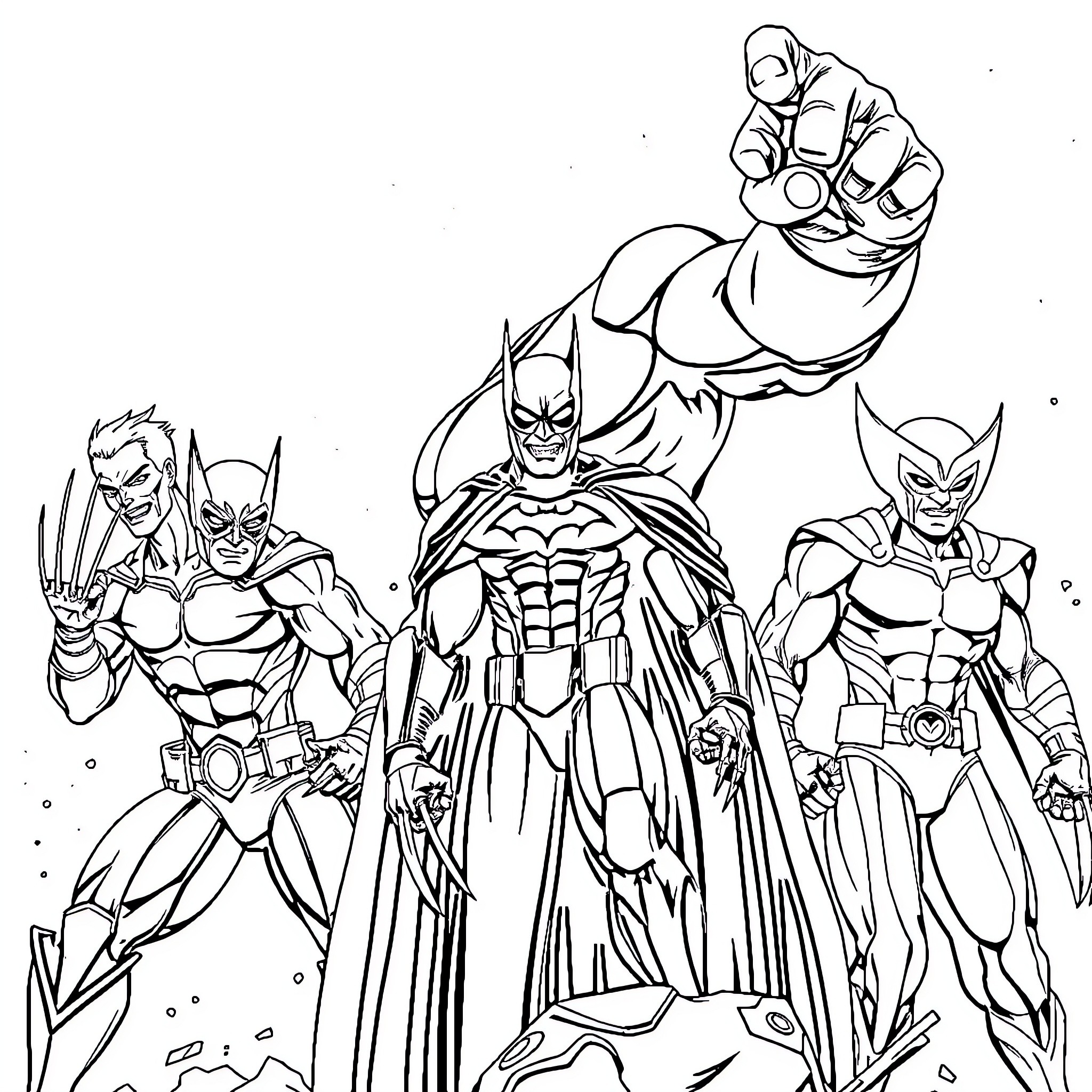 Hero Superheroes in Action-Packed Poses Coloring Page (free black-and-white line drawing printable PDF for all, from beginners to advanced learners, including children, teens, adults, and seniors)