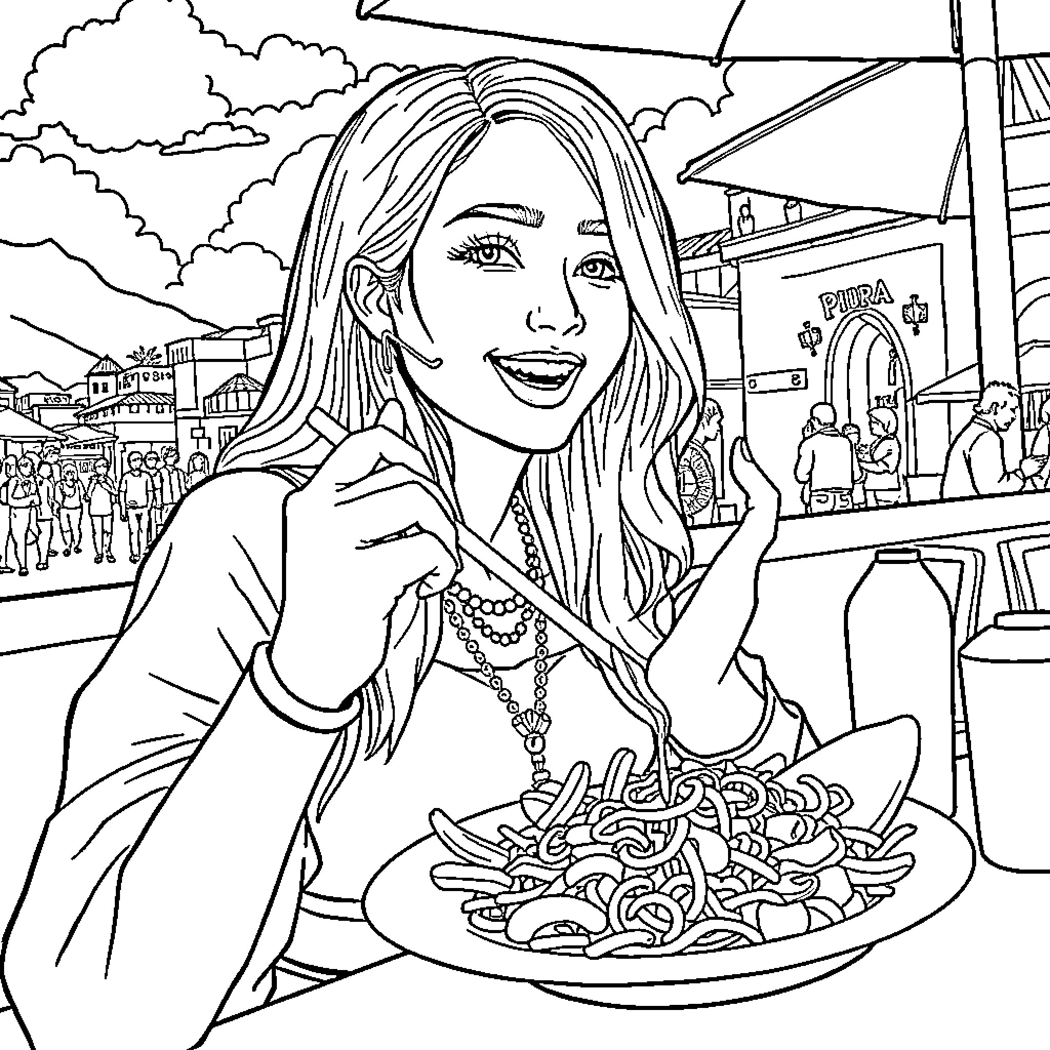 Guerrera Enjoying a Meal in the City Coloring Page (free black-and-white line drawing printable PDF for all, from beginners to advanced learners, including children, teens, adults, and seniors)
