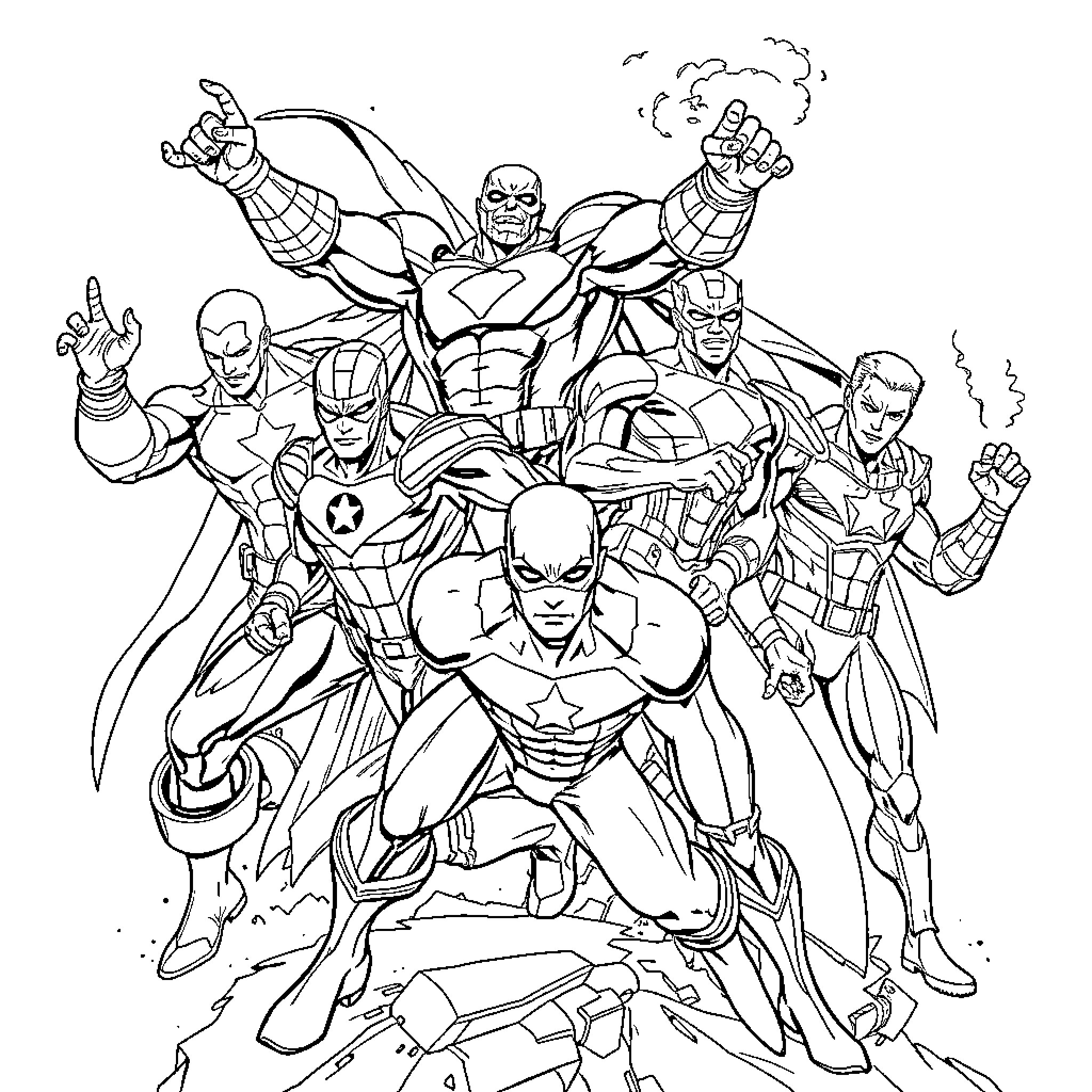 Superhero Squad in Dynamic Action Pose Coloring Page (free black-and-white line drawing printable PDF for all, from beginners to advanced learners, including children, teens, adults, and seniors)
