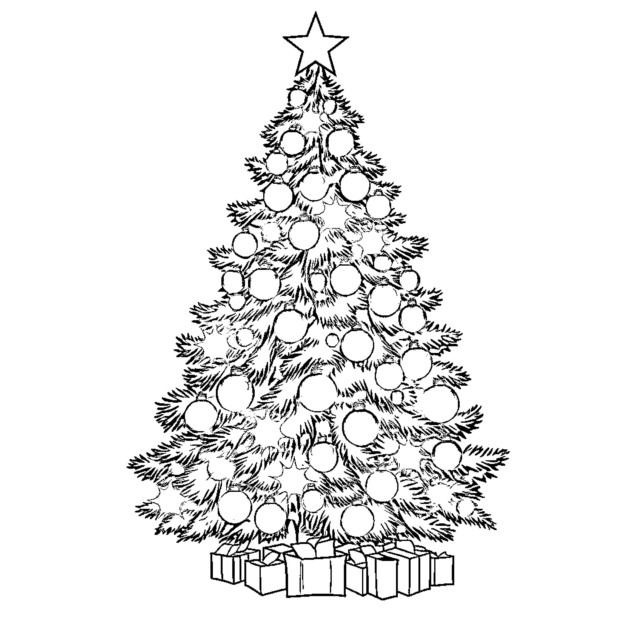Christmas Tree Decorated with Ornaments and Gifts Coloring Page (free black-and-white line drawing printable PDF for all, from beginners to advanced learners, including children, teens, adults, and seniors)