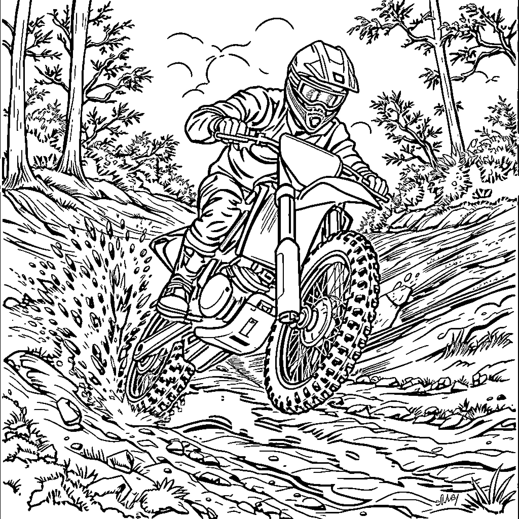 Dirtbike rider navigating through forest path Coloring Page (free black-and-white line drawing printable PDF for all, from beginners to advanced learners, including children, teens, adults, and seniors)