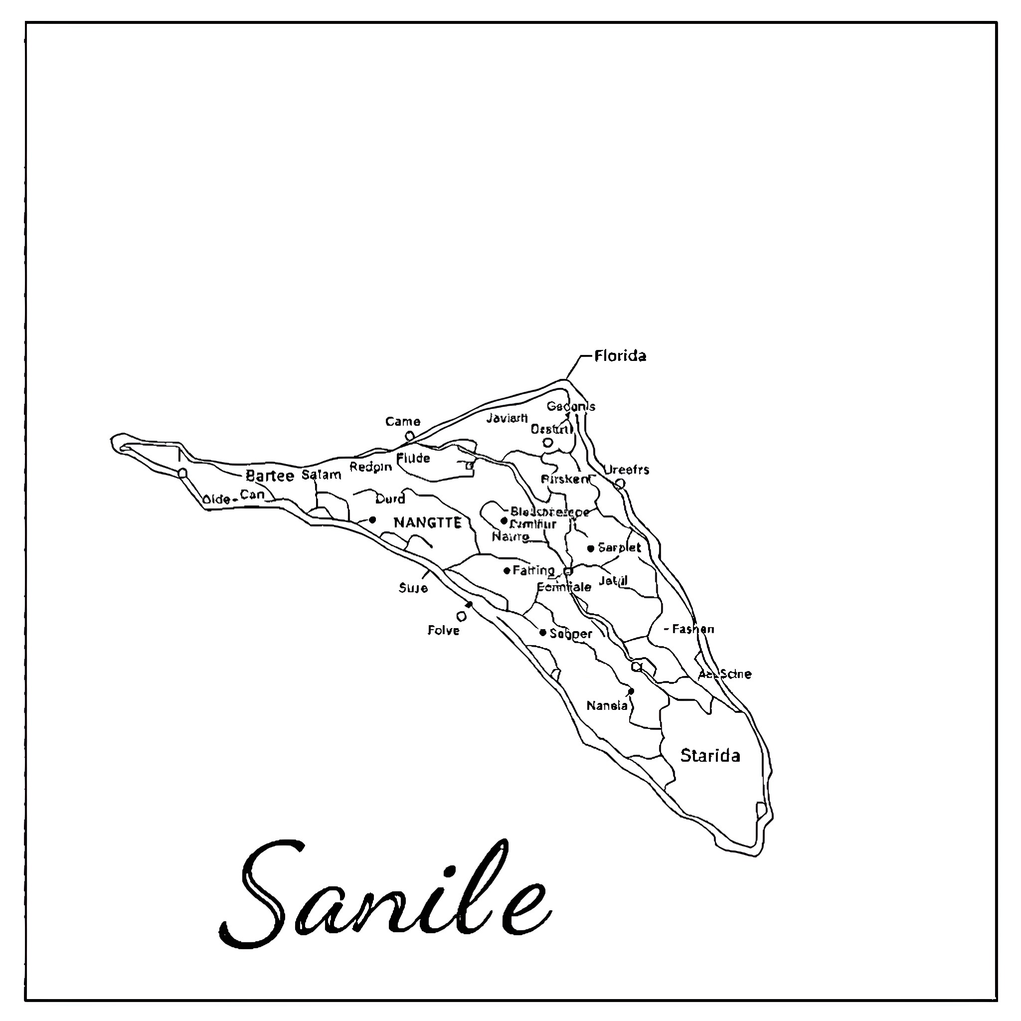 Map of Sanile with geographic features Coloring Page (free black-and-white line drawing printable PDF for all, from beginners to advanced learners, including children, teens, adults, and seniors)