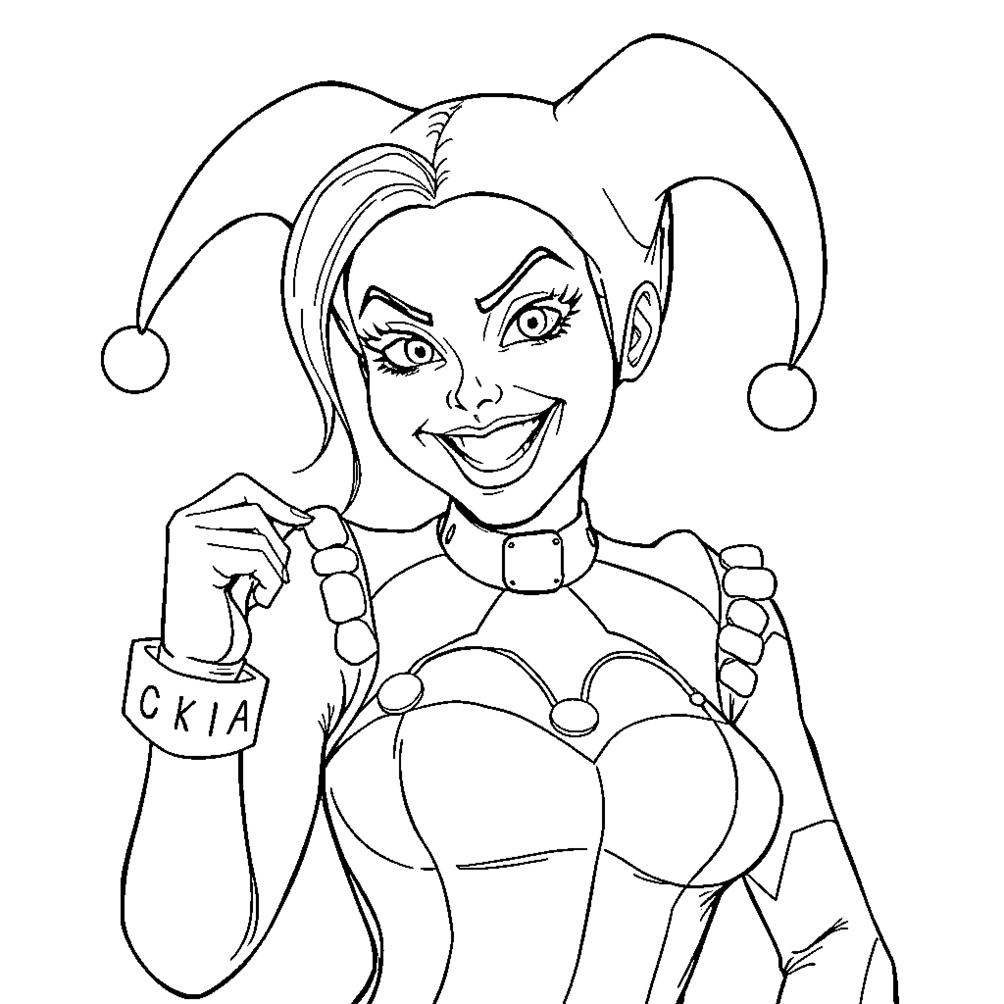 Harley Quinn in Playful Jester Attire Coloring Page (free black-and-white line drawing printable PDF for all, from beginners to advanced learners, including children, teens, adults, and seniors)