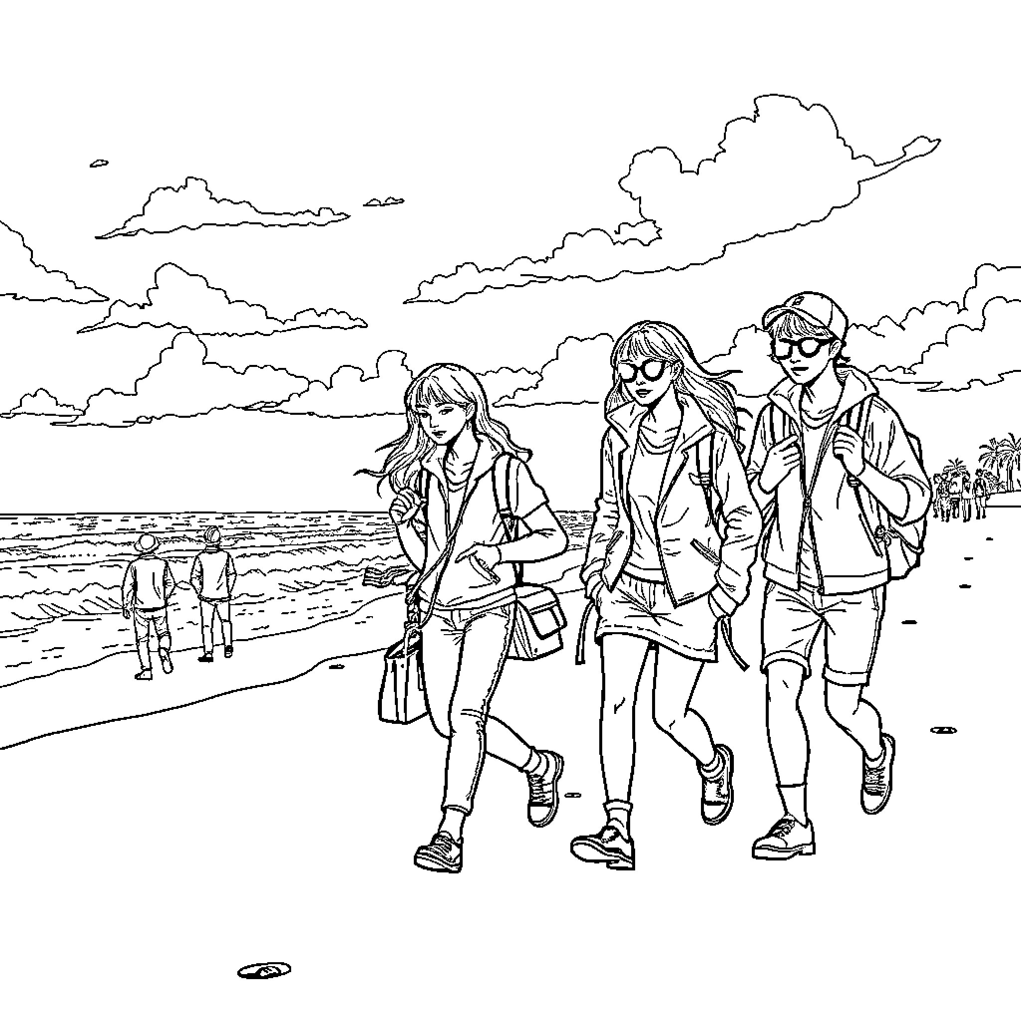K-pop Hunter: Trio of Fashionable Friends on the Beach Coloring Page (free black-and-white line drawing printable PDF for all, from beginners to advanced learners, including children, teens, adults, and seniors)