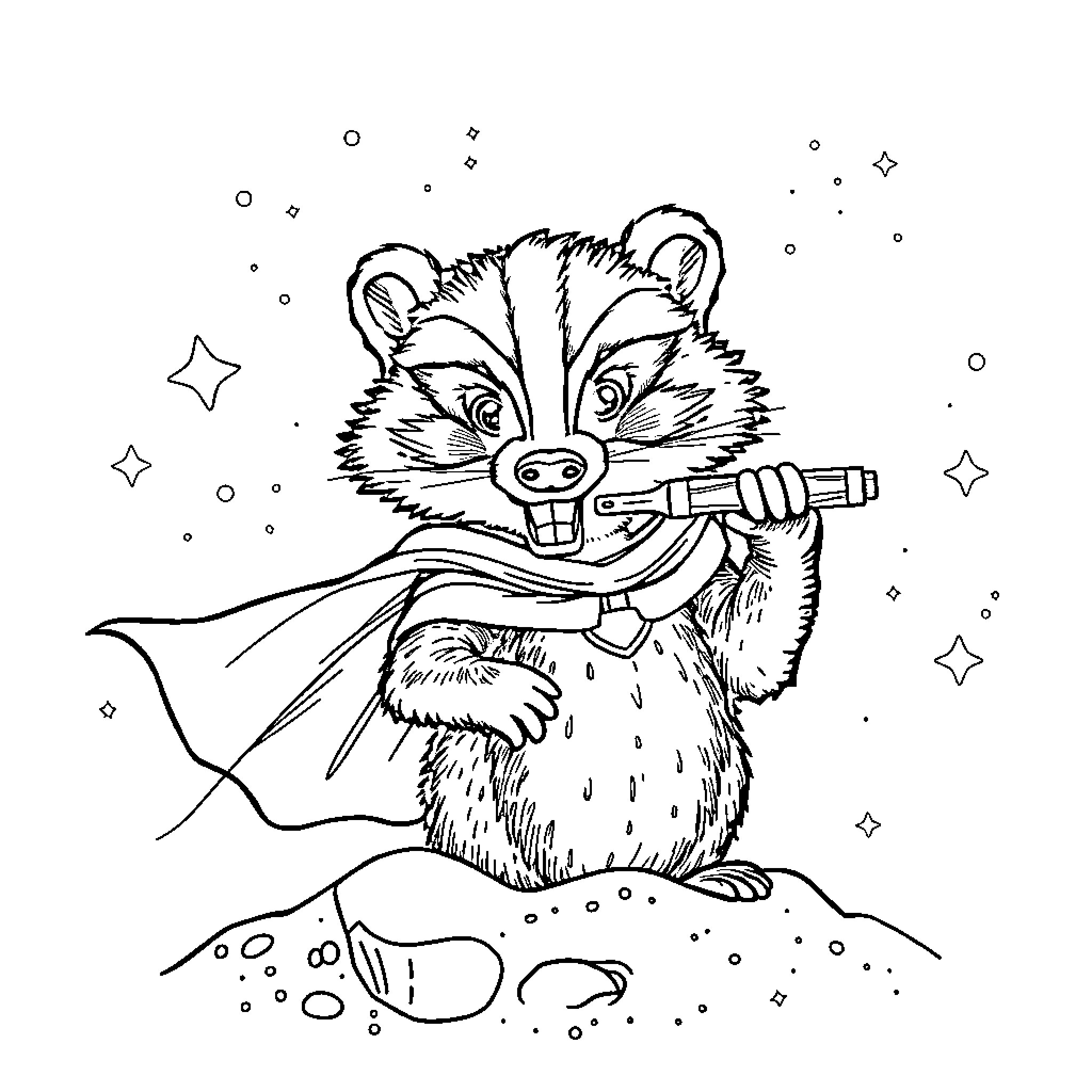 Badger exploring the night sky with a telescope Coloring Page (free black-and-white line drawing printable PDF for all, from beginners to advanced learners, including children, teens, adults, and seniors)