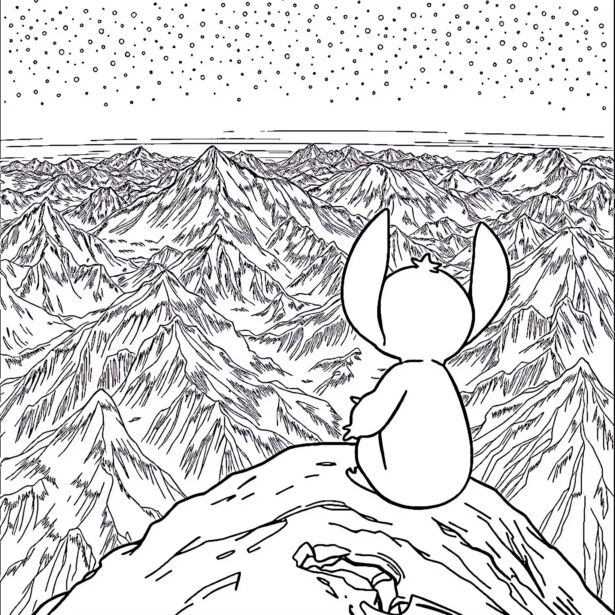 Stitch gazing at the mountainous landscape Coloring Page (free black-and-white line drawing printable PDF for all, from beginners to advanced learners, including children, teens, adults, and seniors)