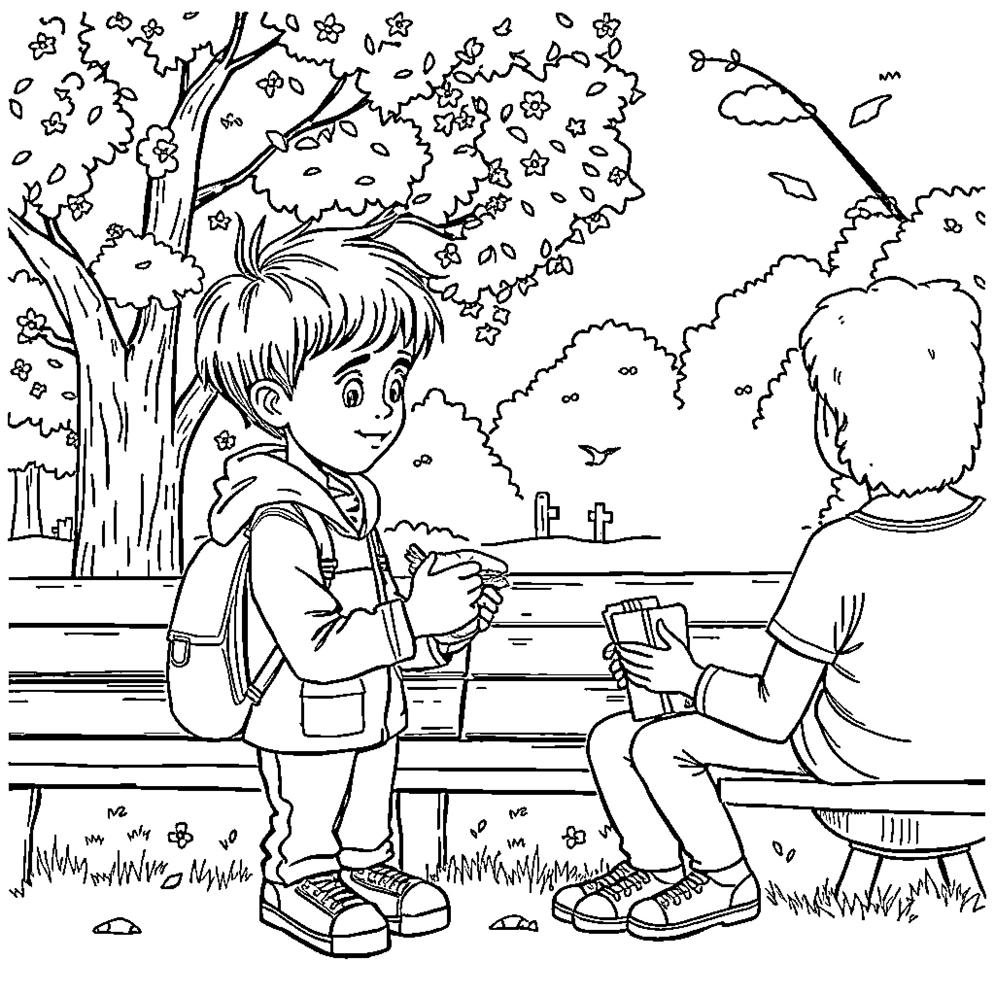 Kid enjoying snack on park bench Coloring Page (free black-and-white line drawing printable PDF for all, from beginners to advanced learners, including children, teens, adults, and seniors)