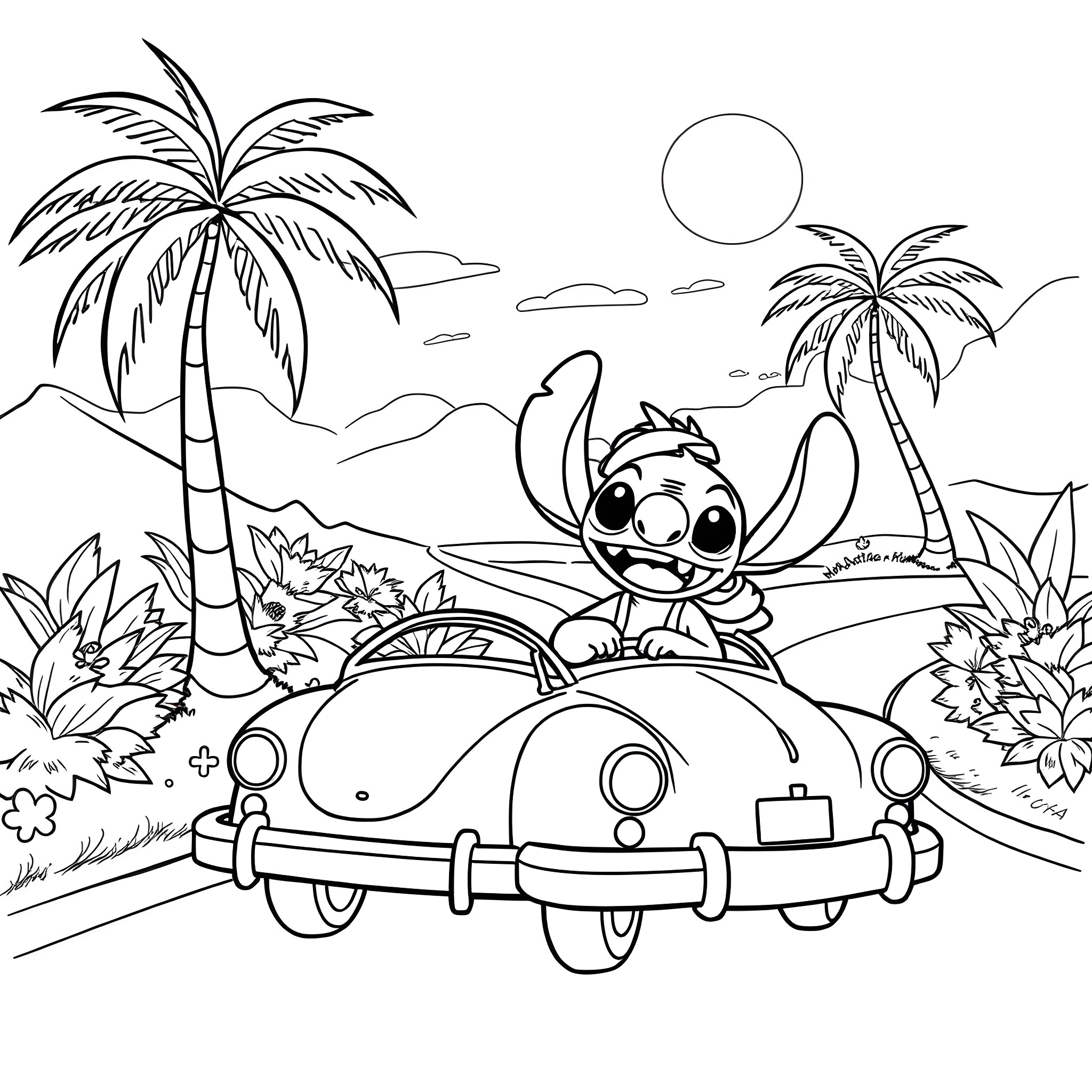 Lilo explores a tropical paradise in her vintage car Coloring Page (free black-and-white line drawing printable PDF for all, from beginners to advanced learners, including children, teens, adults, and seniors)