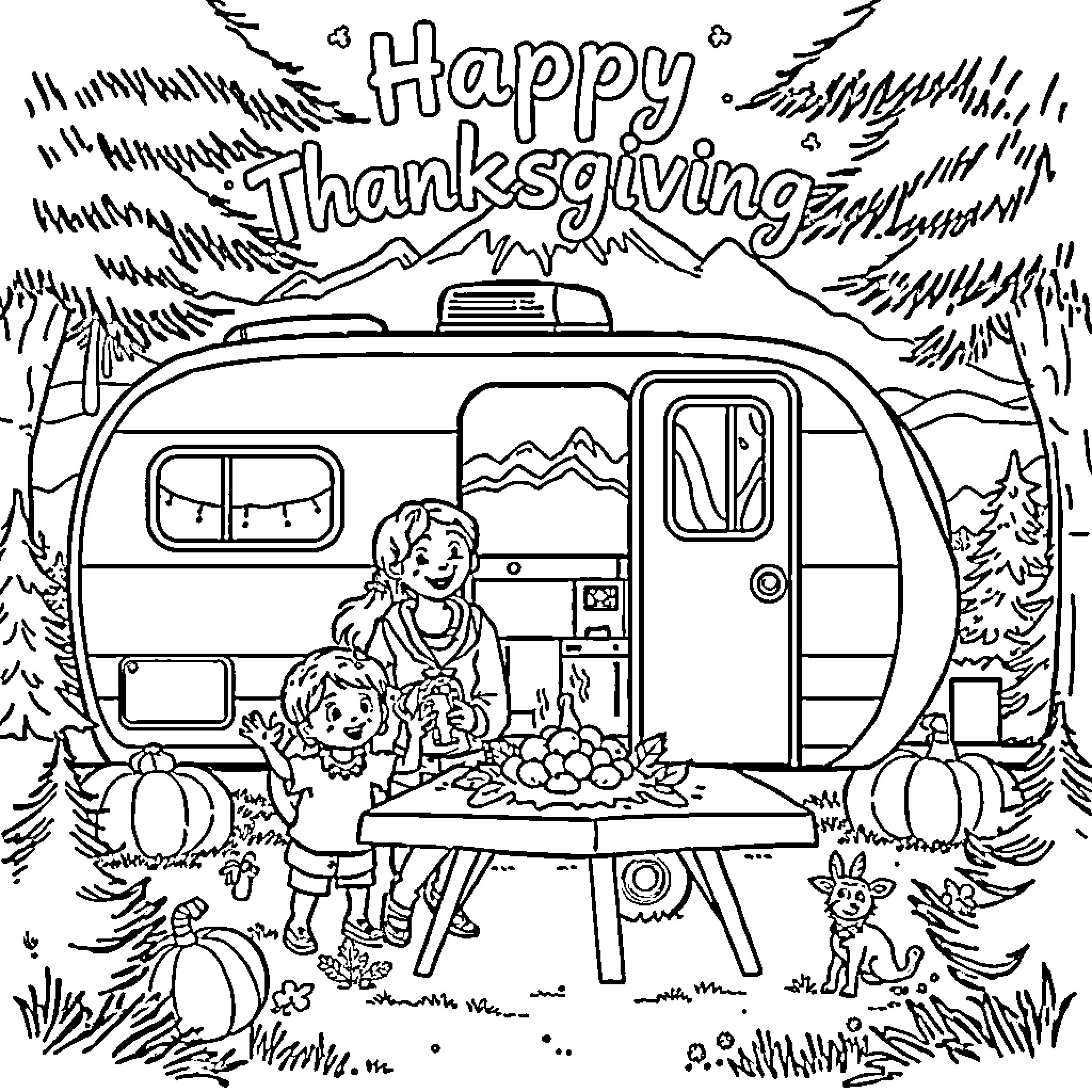 Family Enjoying Thanksgiving Camping Adventure Coloring Page (free black-and-white line drawing printable PDF for all, from beginners to advanced learners, including children, teens, adults, and seniors)