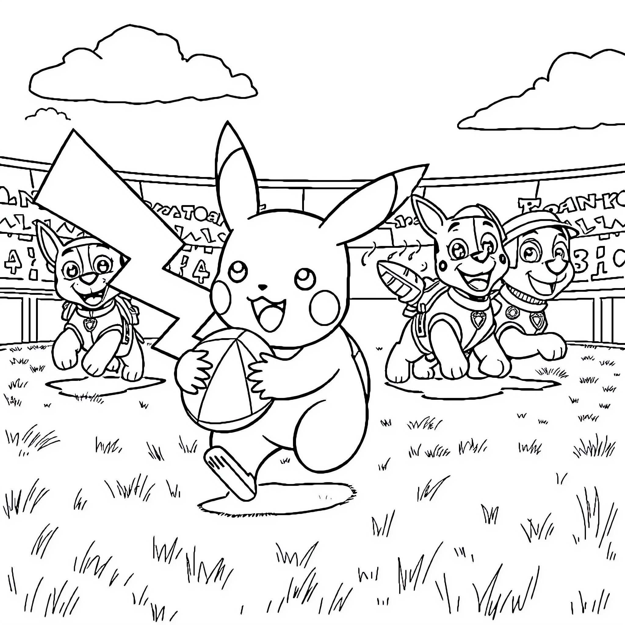 Pikachu and friends in a playful adventure Coloring Page (free black-and-white line drawing printable PDF for all, from beginners to advanced learners, including children, teens, adults, and seniors)