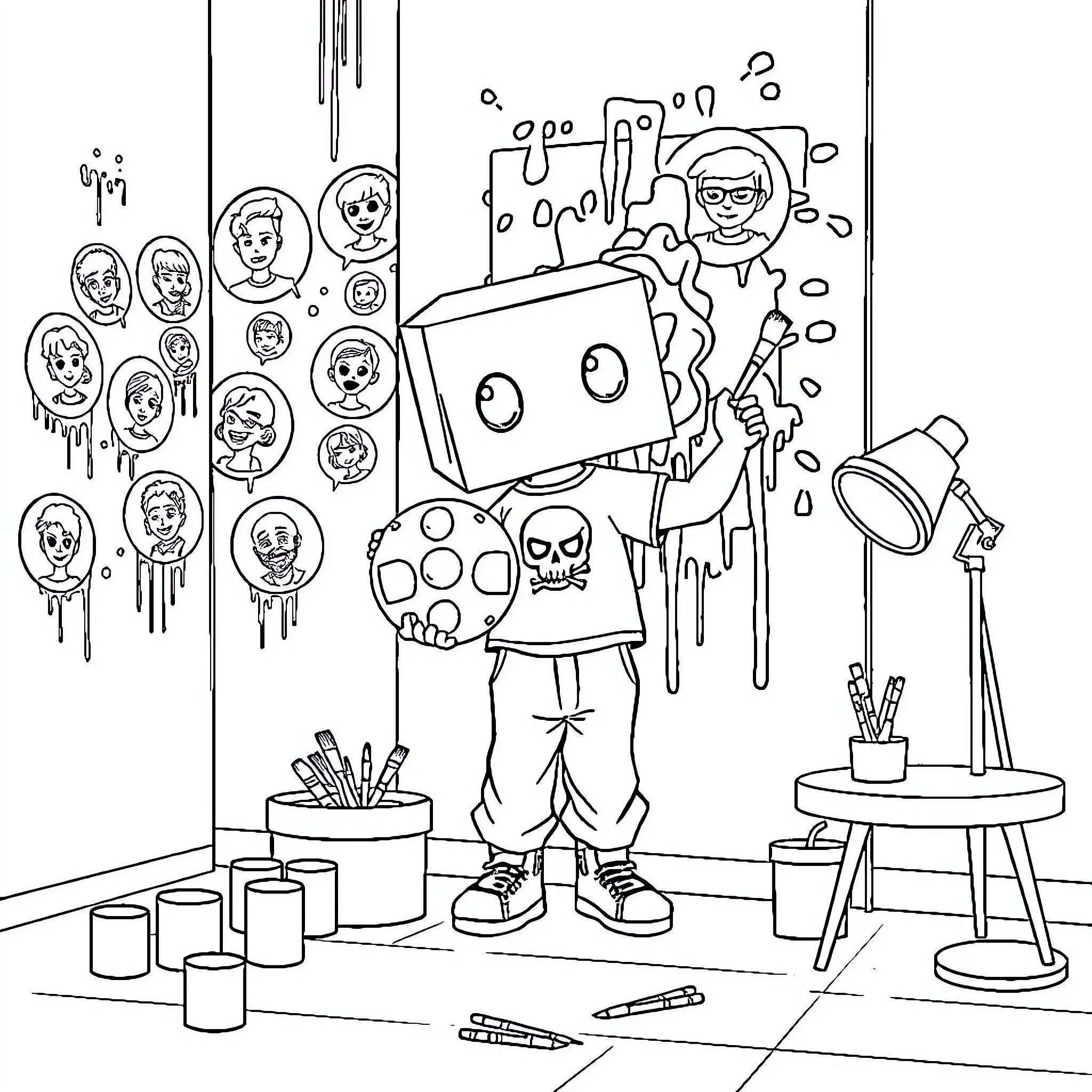 Box-Headed Character Painting Creatively in the Studio Coloring Page (free black-and-white line drawing printable PDF for all, from beginners to advanced learners, including children, teens, adults, and seniors)