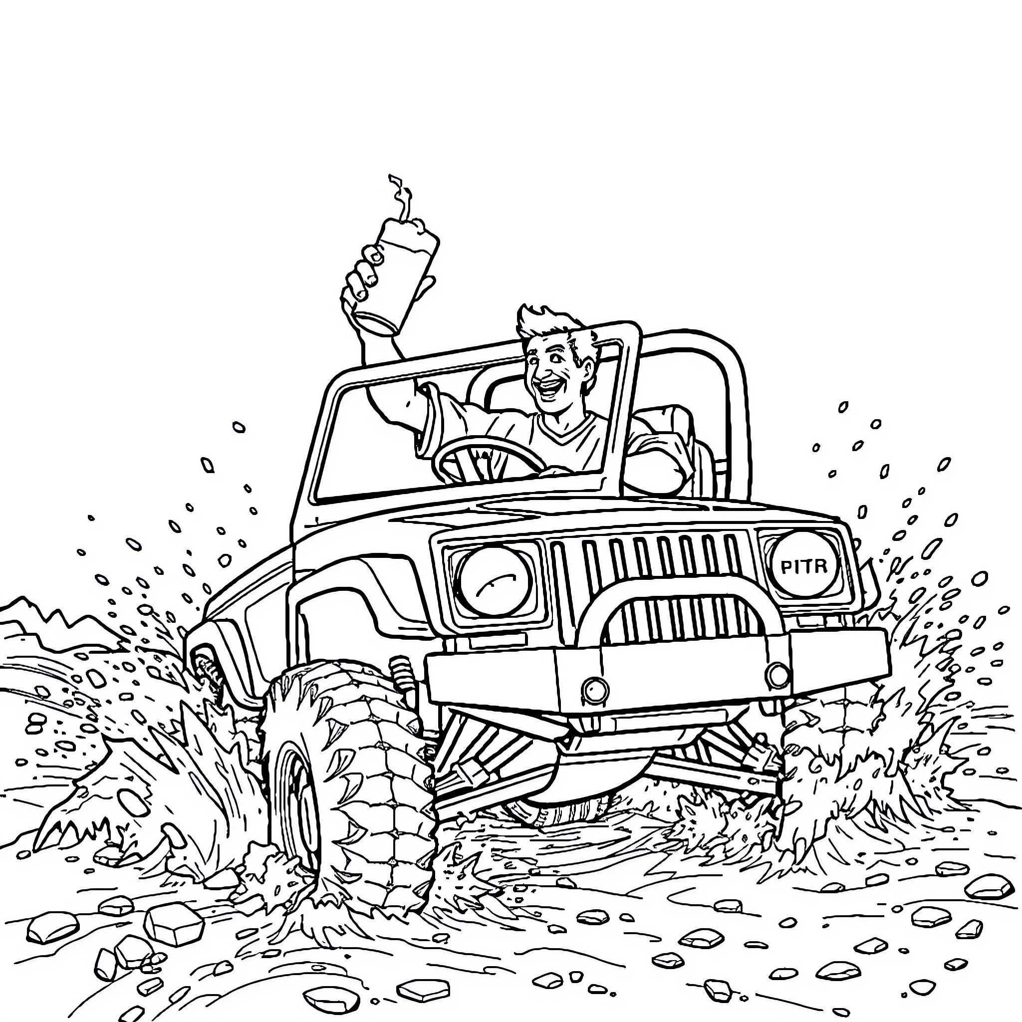 Utility Vehicle Navigating Rugged Terrain Coloring Page (free black-and-white line drawing printable PDF for all, from beginners to advanced learners, including children, teens, adults, and seniors)