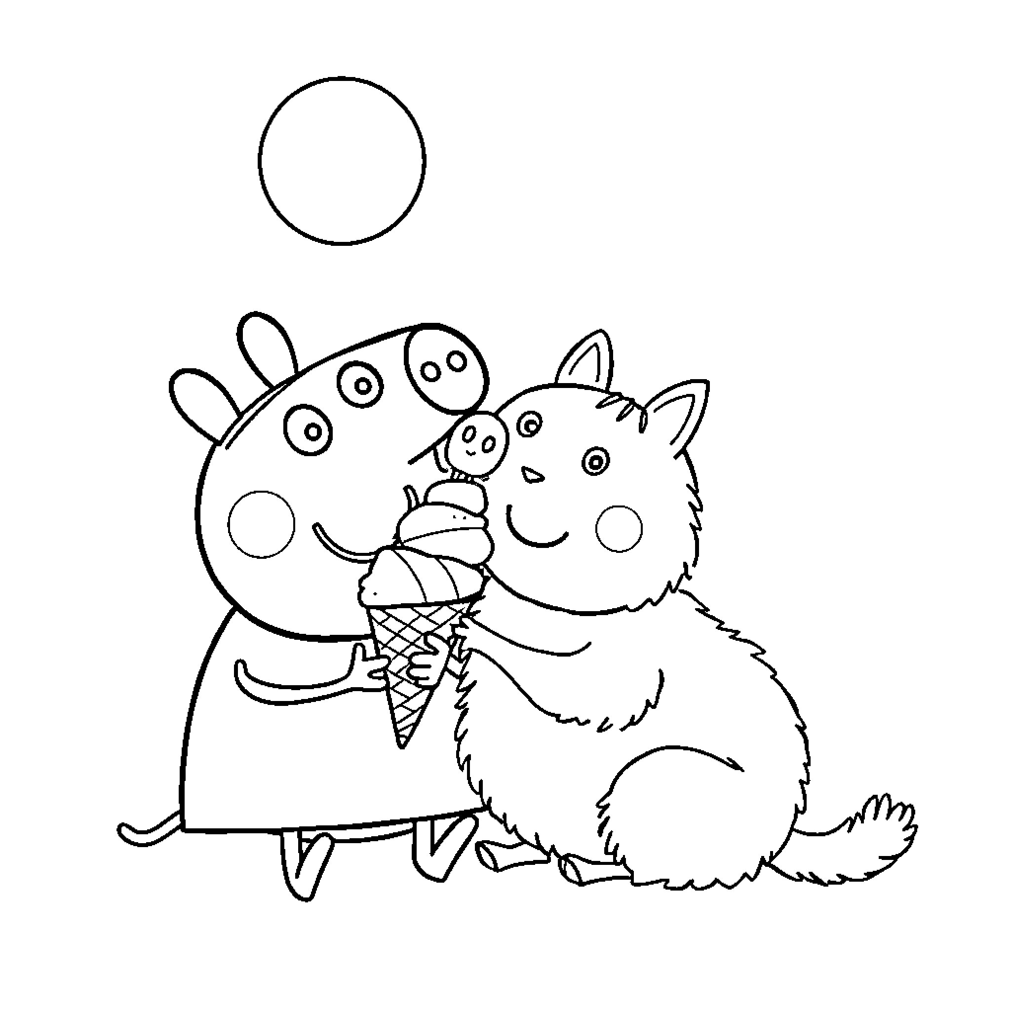 Peppa Pig and her pet enjoying a sweet treat Coloring Page (free black-and-white line drawing printable PDF for all, from beginners to advanced learners, including children, teens, adults, and seniors)