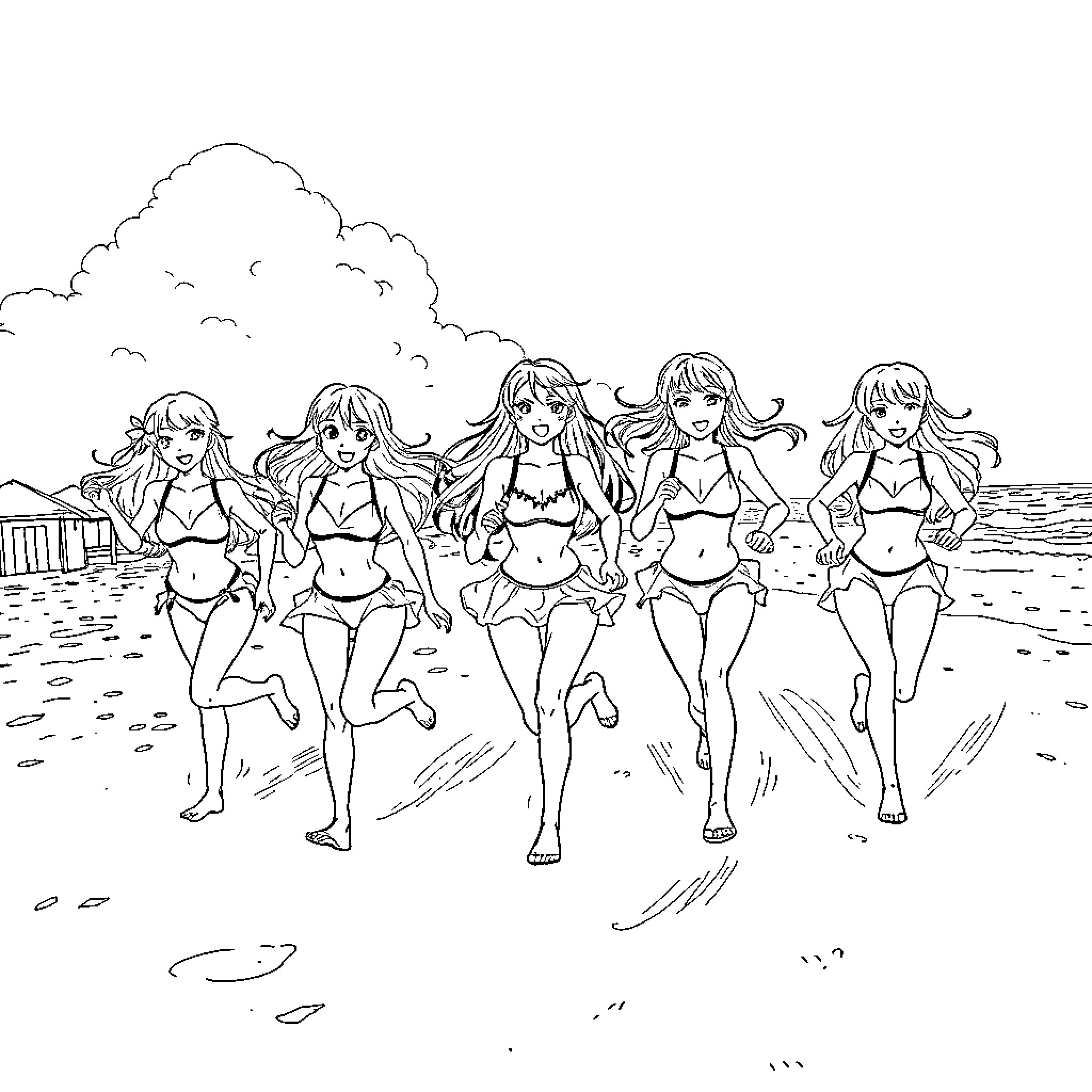 Anime Girls Enjoying Beachside Adventure Coloring Page (free black-and-white line drawing printable PDF for all, from beginners to advanced learners, including children, teens, adults, and seniors)