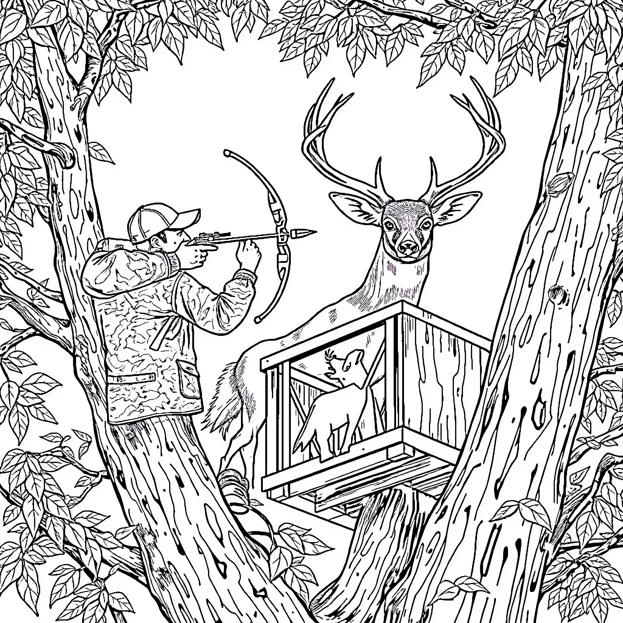 Man hunting deer in the forest Coloring Page (free black-and-white line drawing printable PDF for all, from beginners to advanced learners, including children, teens, adults, and seniors)