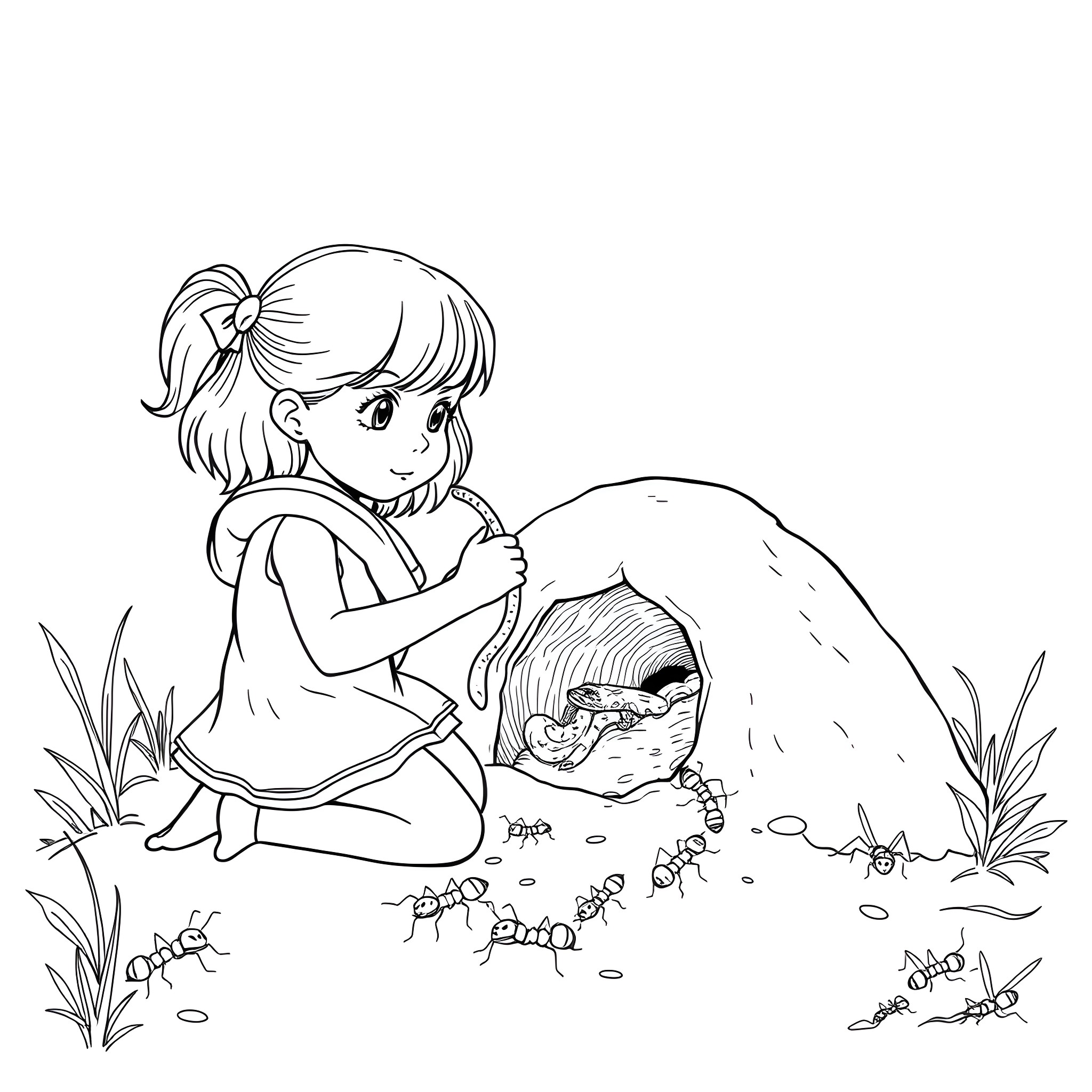 Girl playing with ants in nature Coloring Page (free black-and-white line drawing printable PDF for all, from beginners to advanced learners, including children, teens, adults, and seniors)